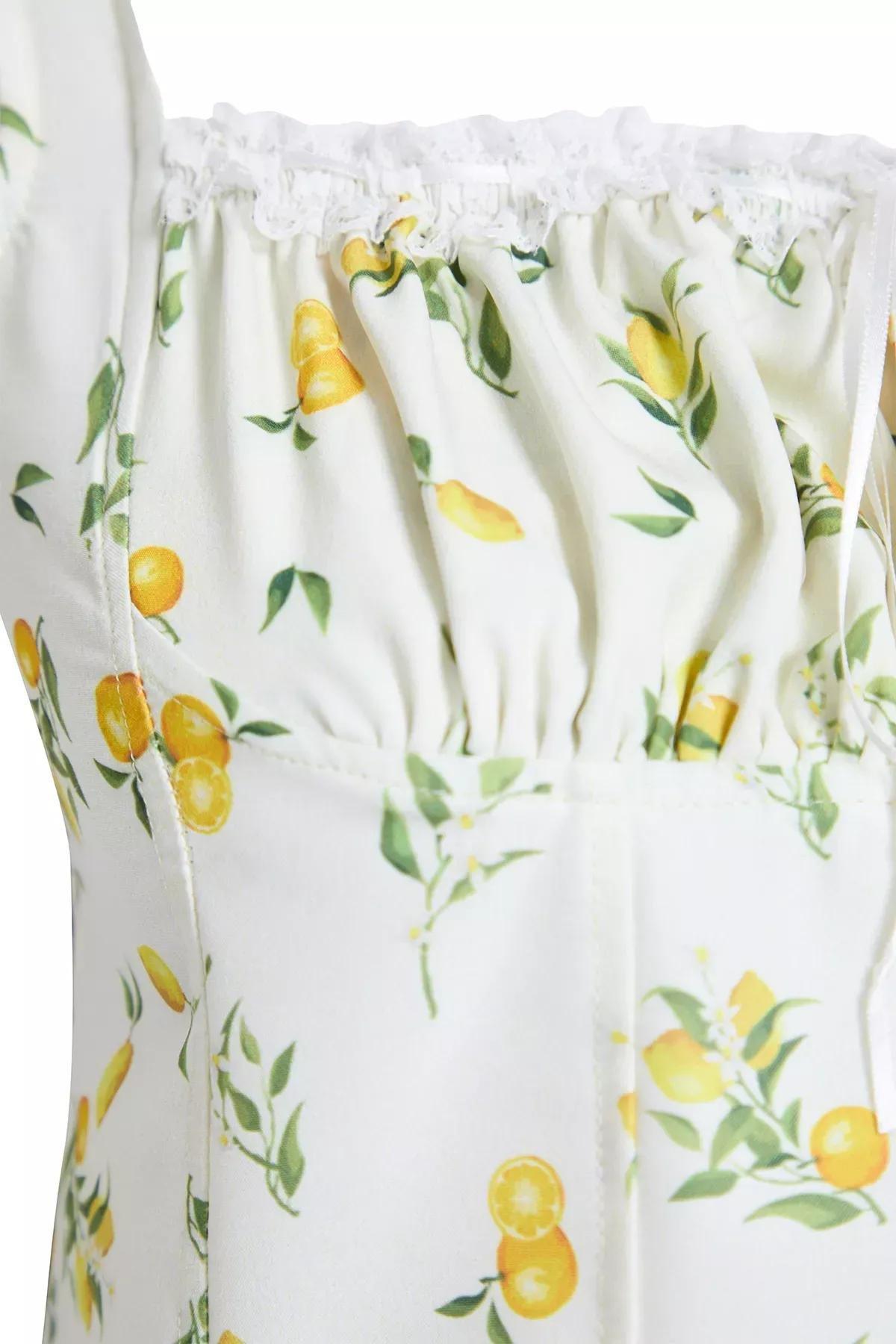 Beige Lemon Patterned Crop Top, Ecru, large image number 7