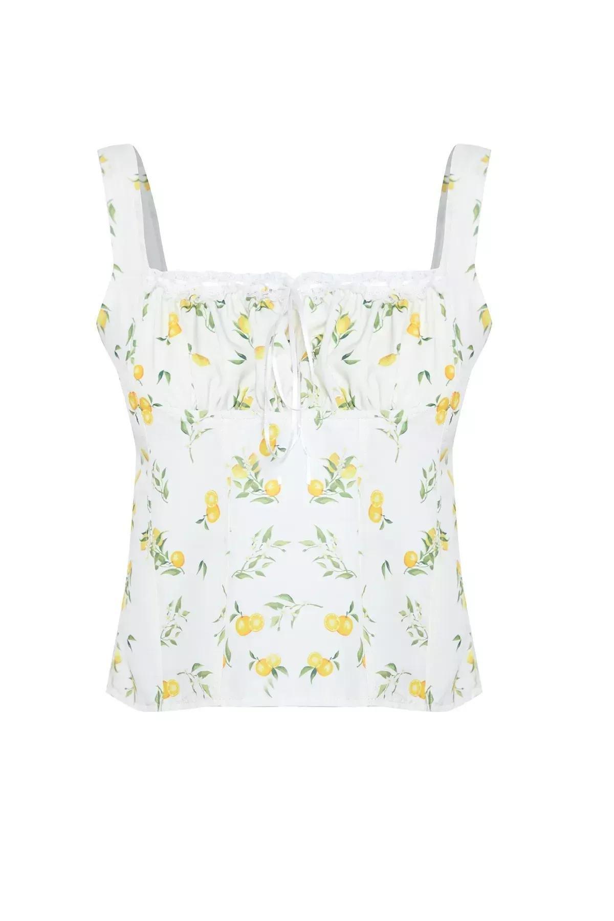 Beige Lemon Patterned Crop Top, Ecru, large image number 8