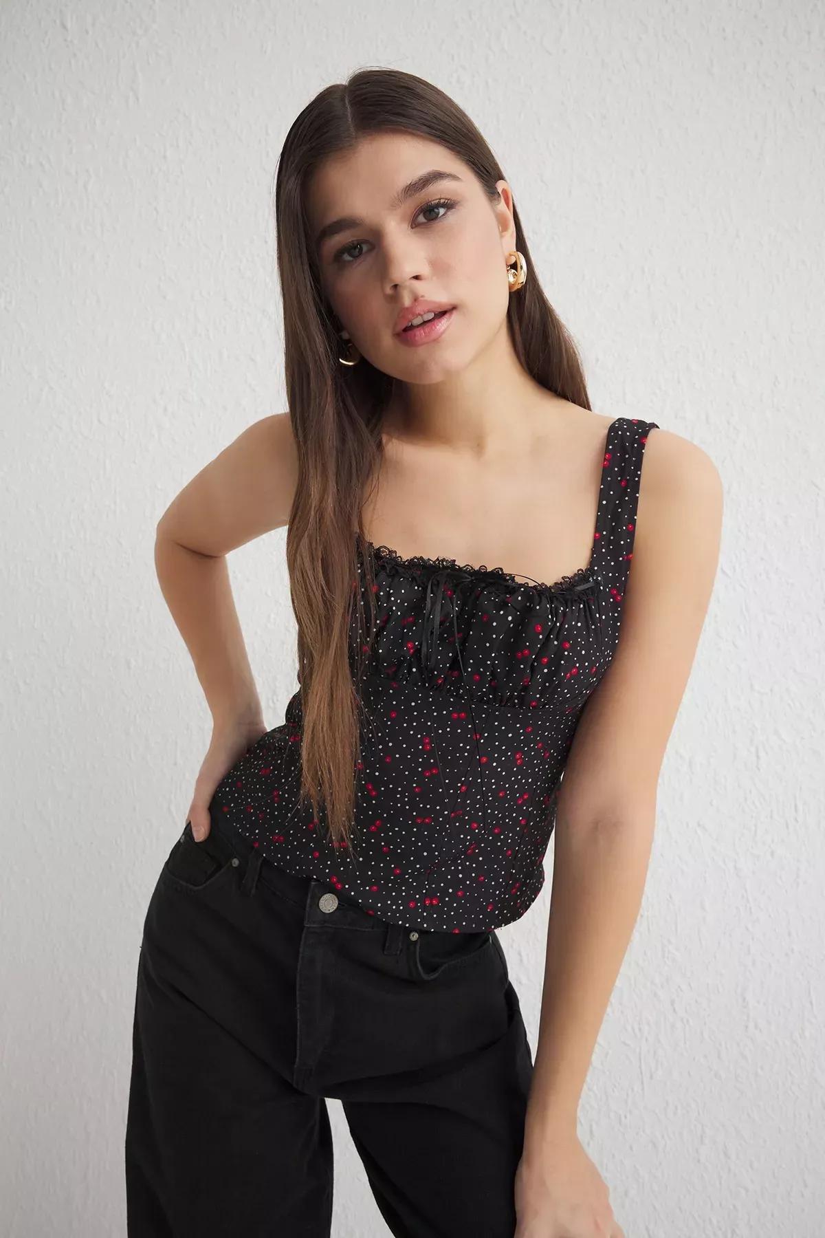 Black Strappy Cherry Front Crop Blouse, , large image number 0