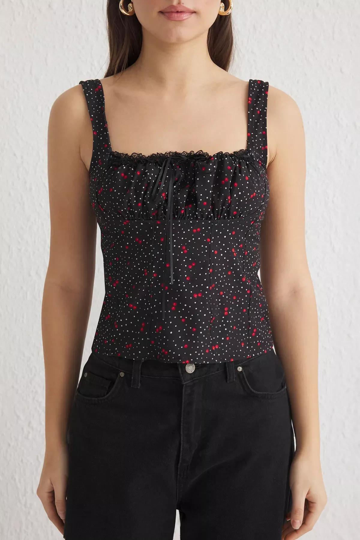 Black Strappy Cherry Front Crop Blouse, , large image number 2