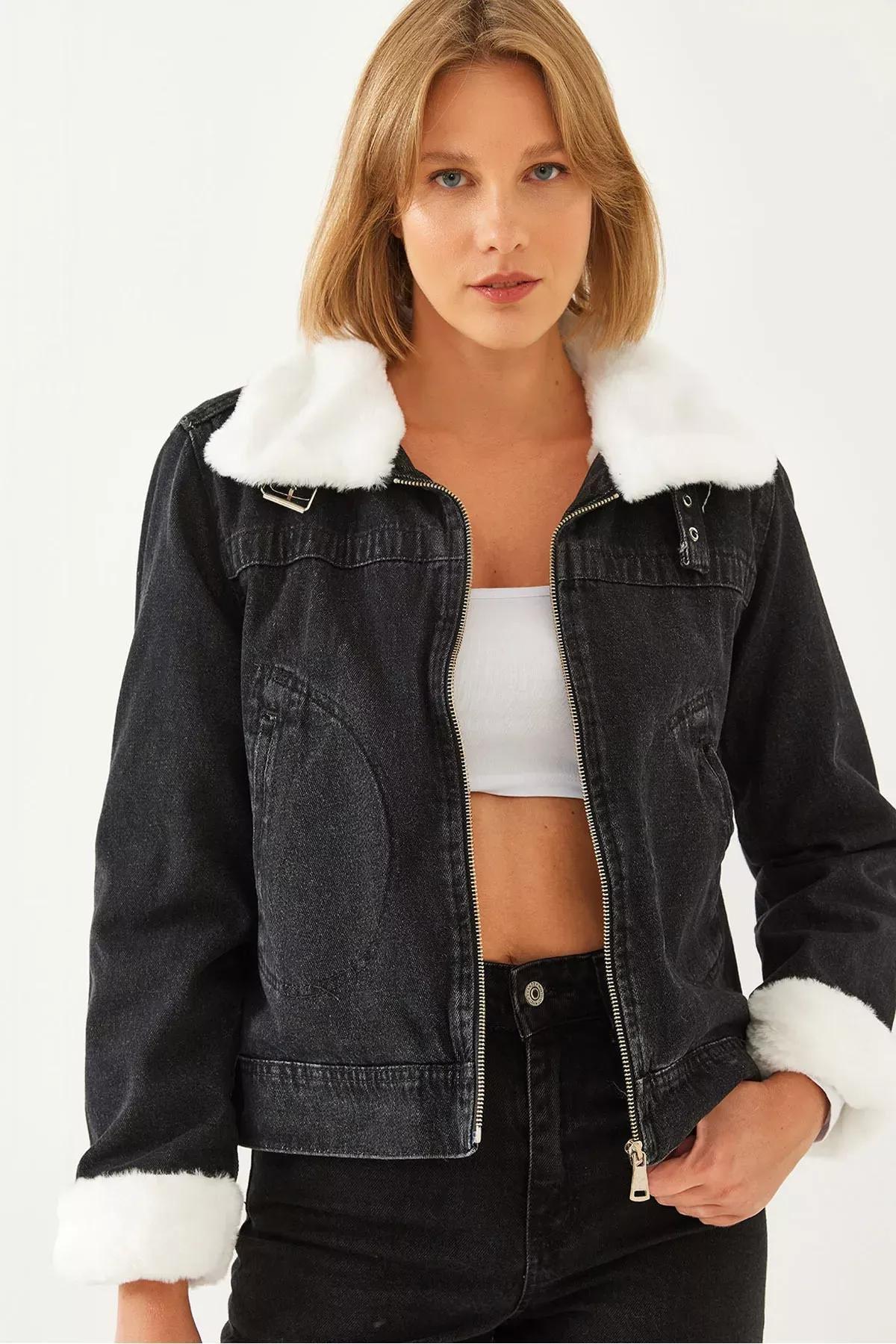 Black Fur Denim Coat, , large image number 0