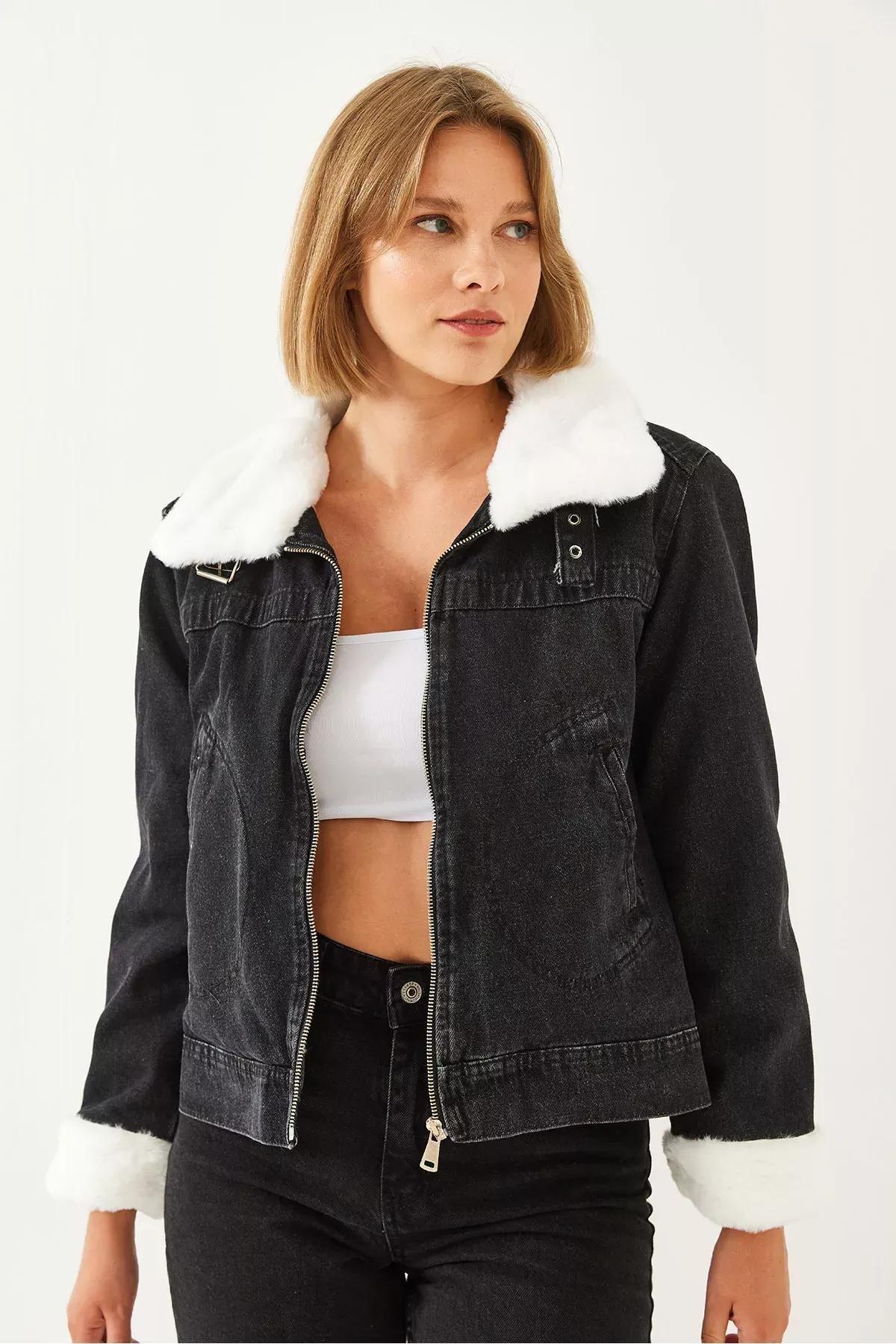 Black Fur Denim Coat, , large image number 1
