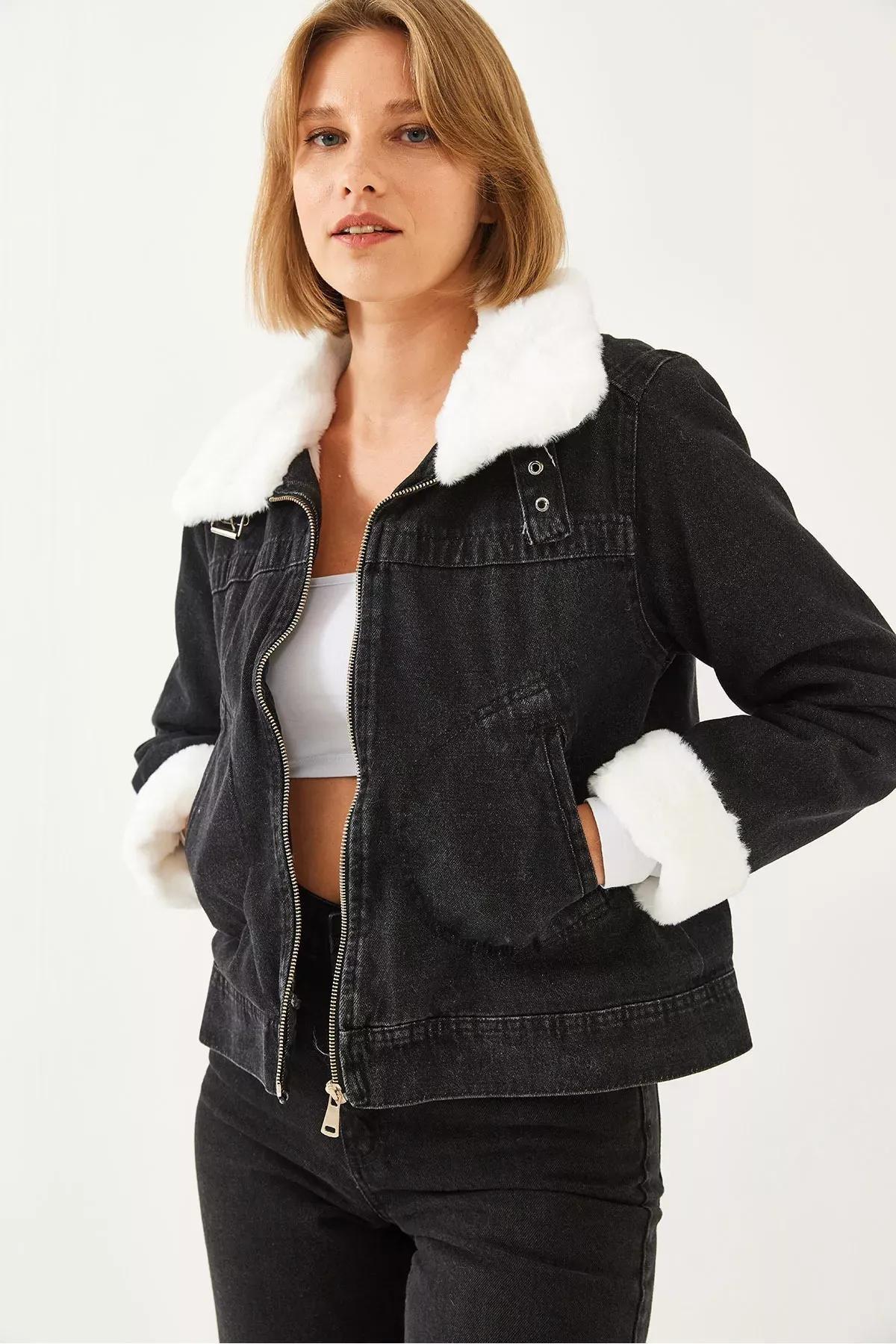 Black Fur Denim Coat, Smoked, medium