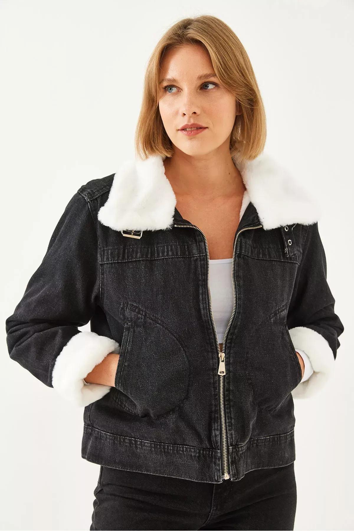 Black Fur Denim Coat, , large image number 4