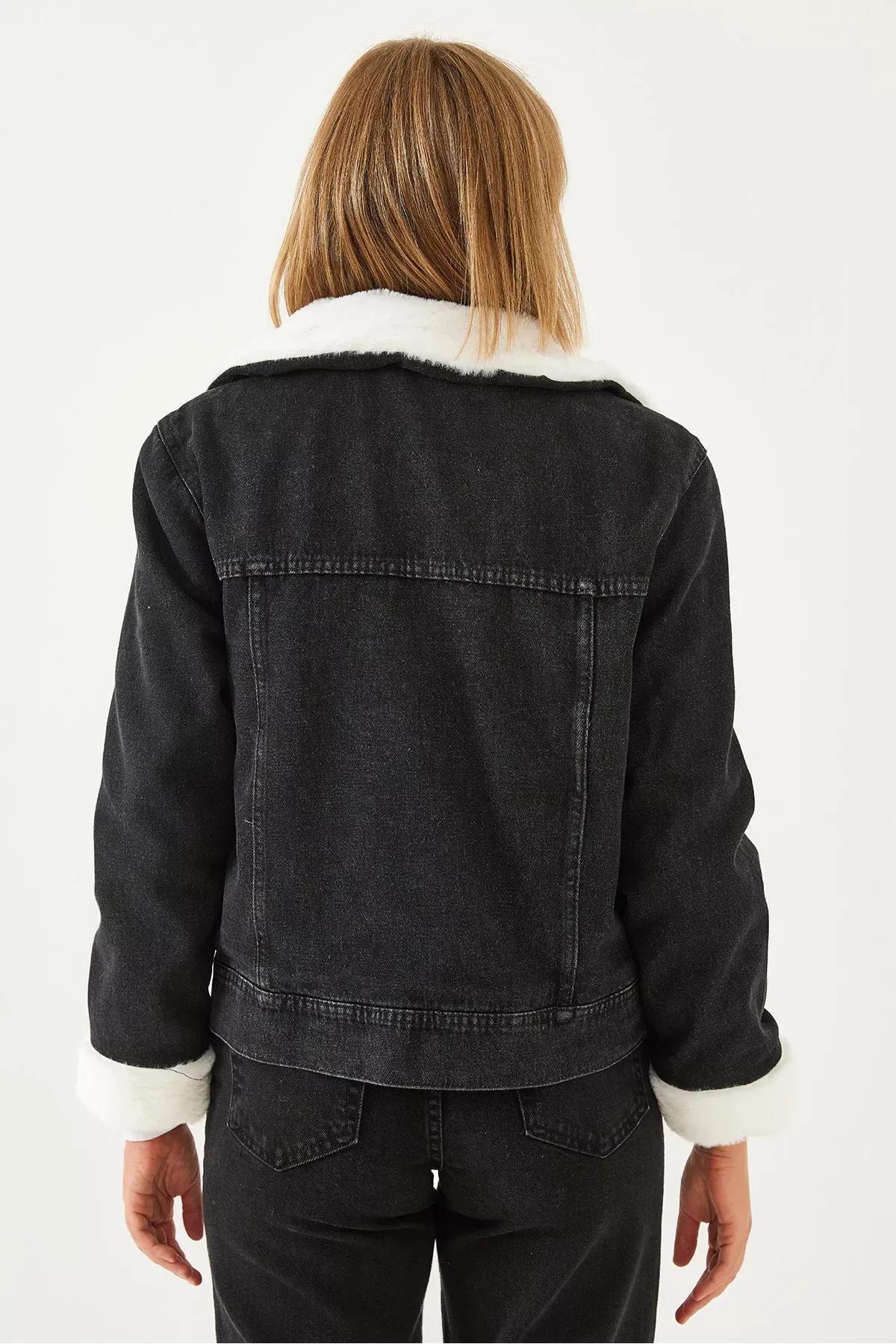 Black Fur Denim Coat, , large image number 5