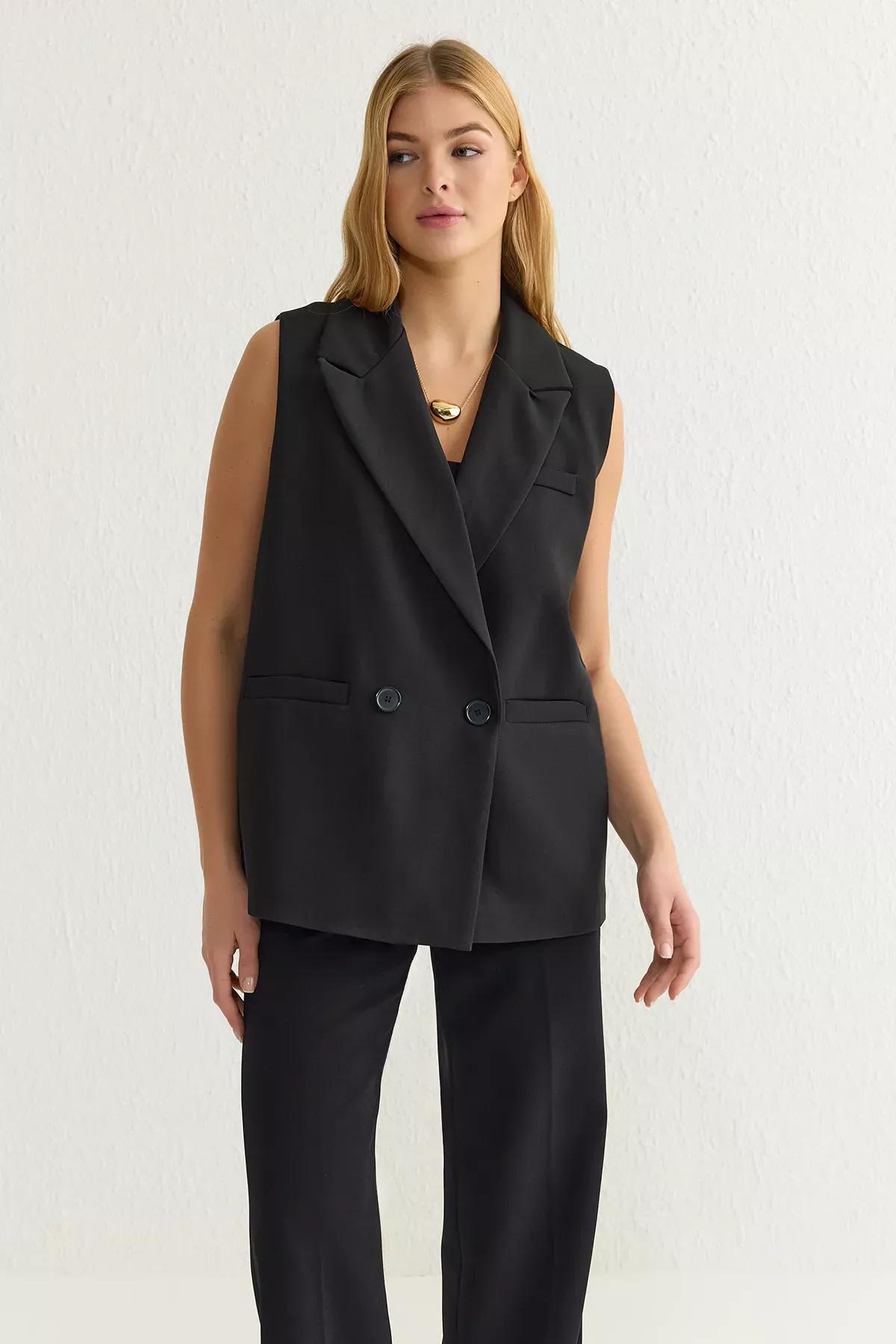 Black Leopard Lining Detailed Vest, , large image number 1