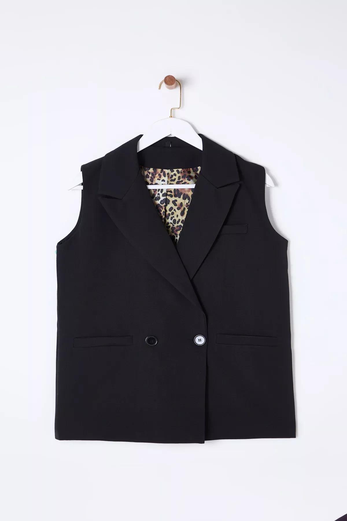 Black Leopard Lining Detailed Vest, , large image number 5