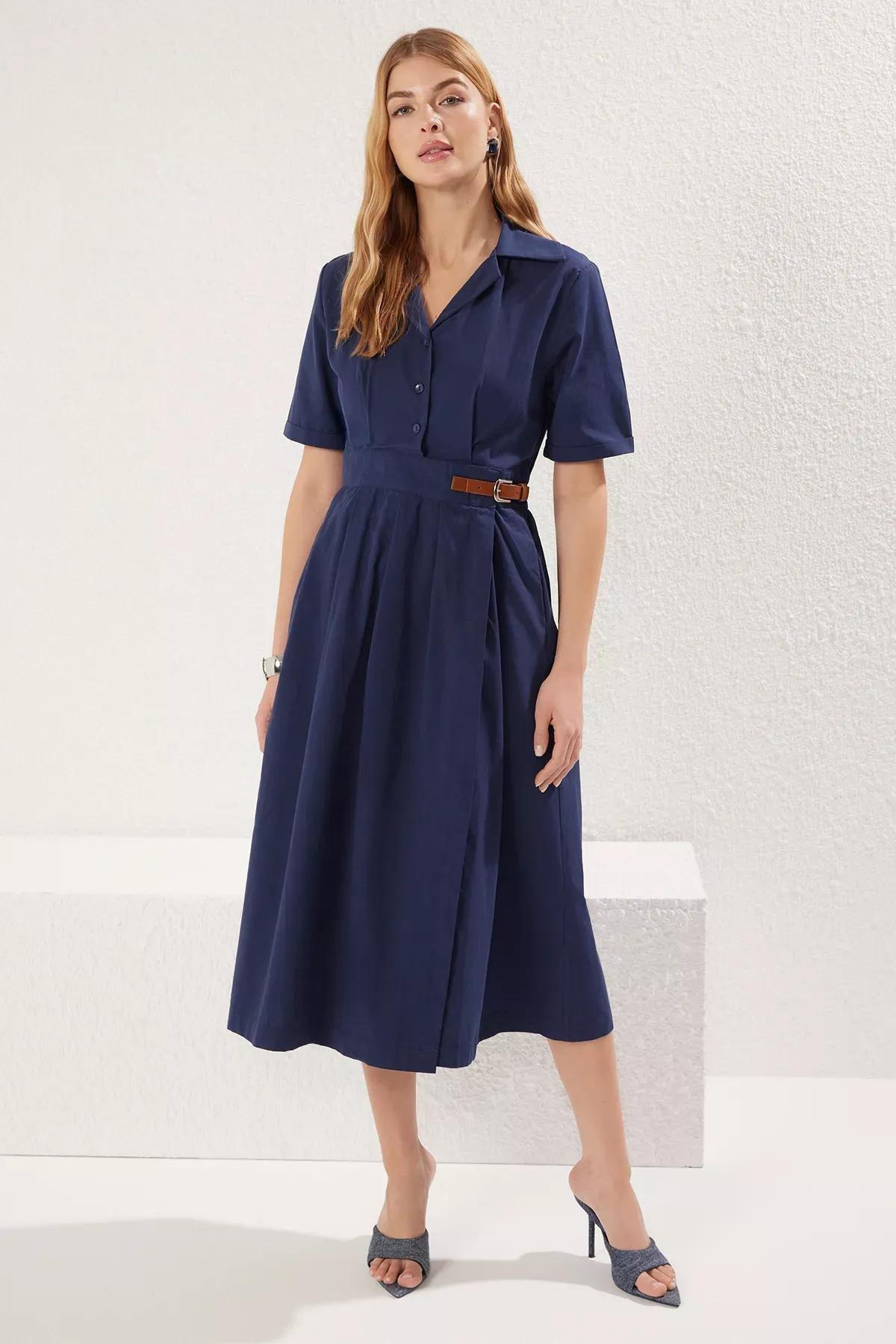 Blue  Pleated Belted Dress, Navy blue, large image number 0