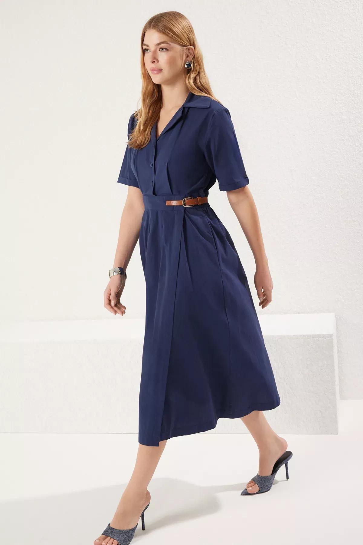 Blue  Pleated Belted Dress, Navy blue, large image number 1