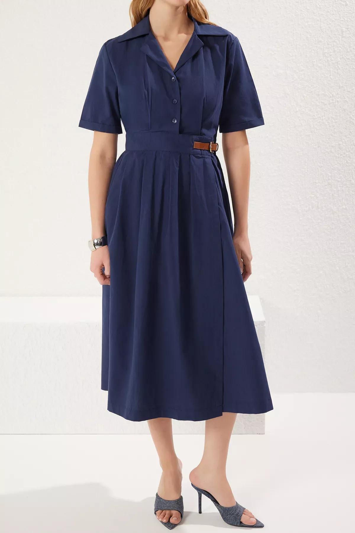 Blue  Pleated Belted Dress, Navy blue, large image number 2