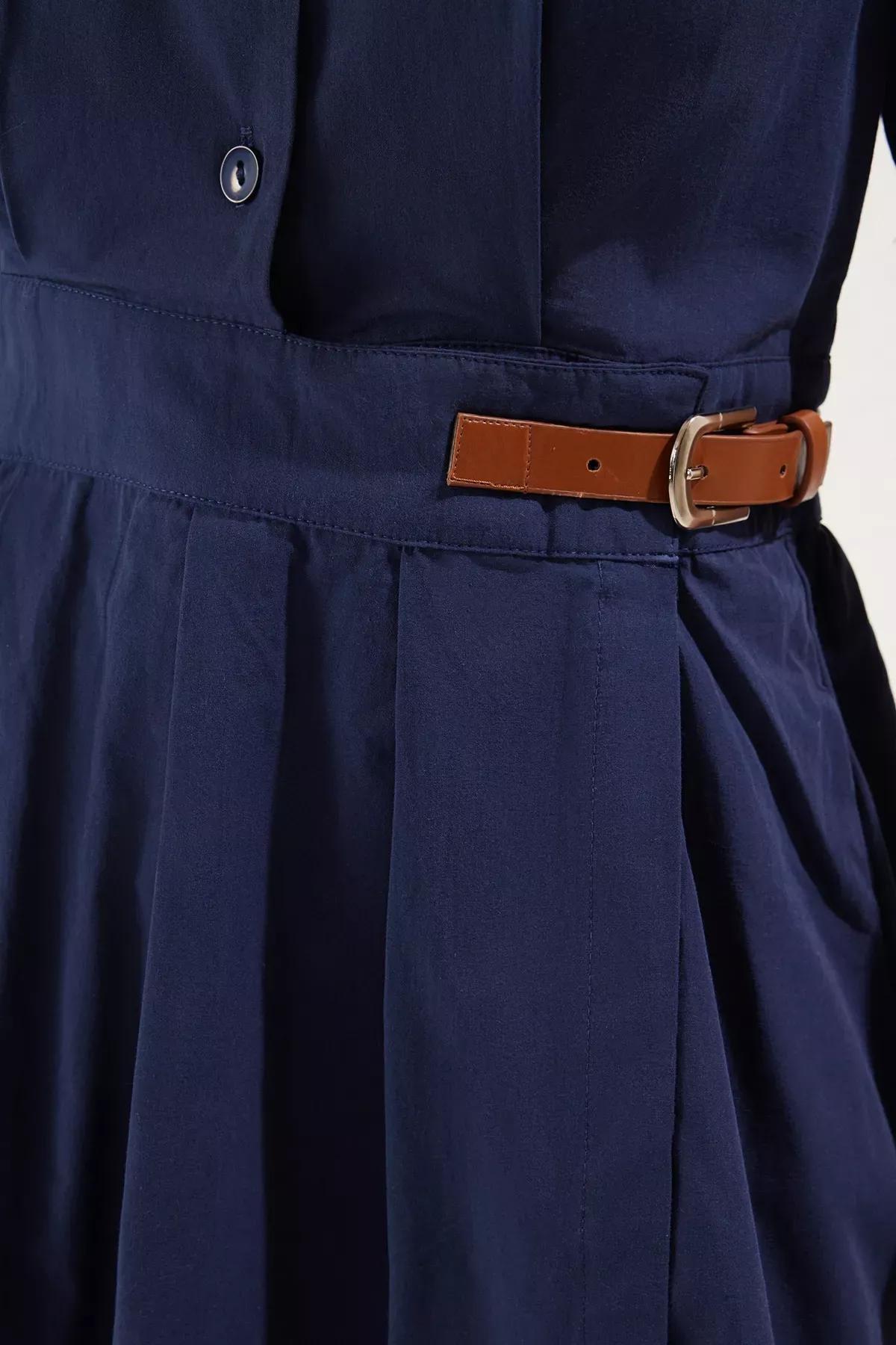 Blue  Pleated Belted Dress, Navy blue, large image number 3