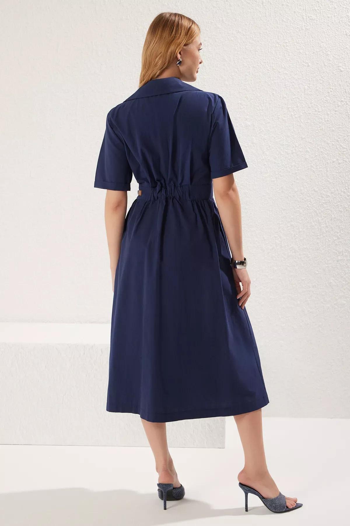 Blue  Pleated Belted Dress, Navy blue, large image number 4