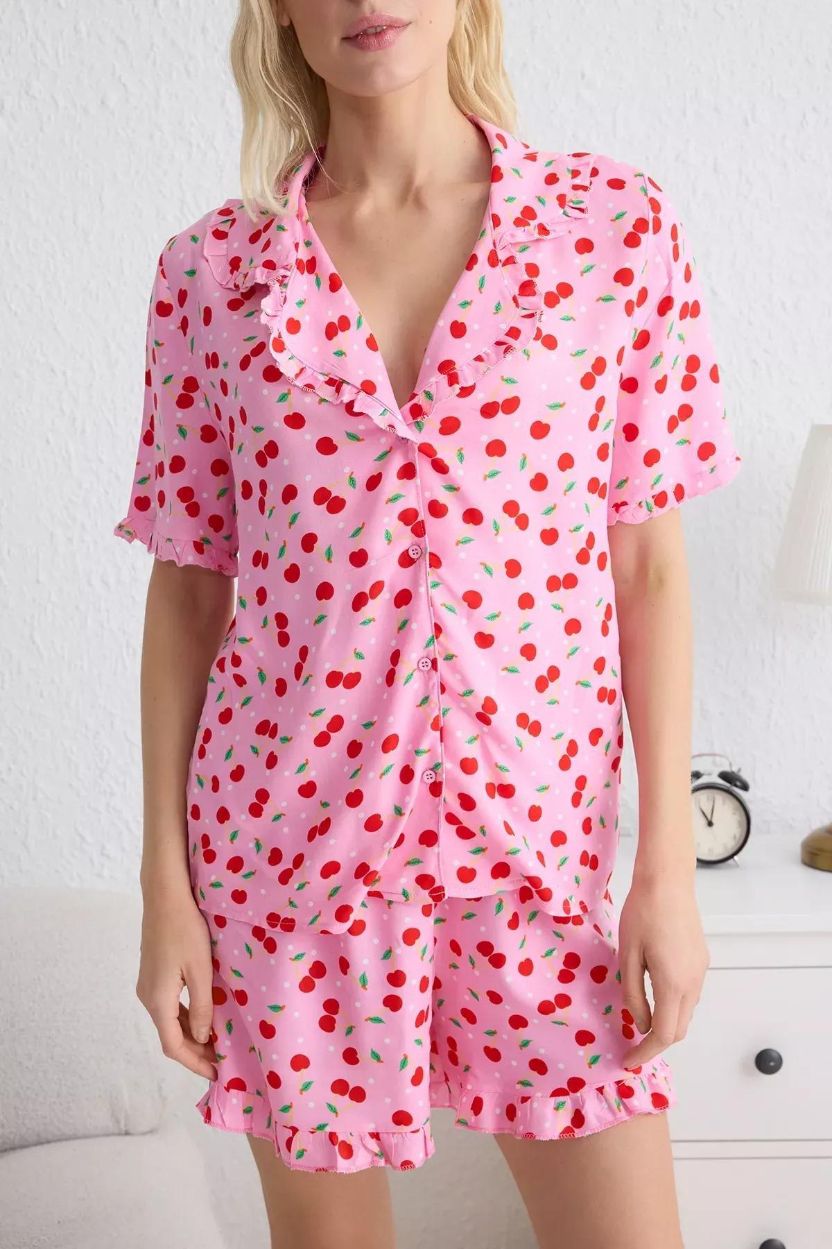 Pink Cherry Patterned Pajama Set, , large image number 1