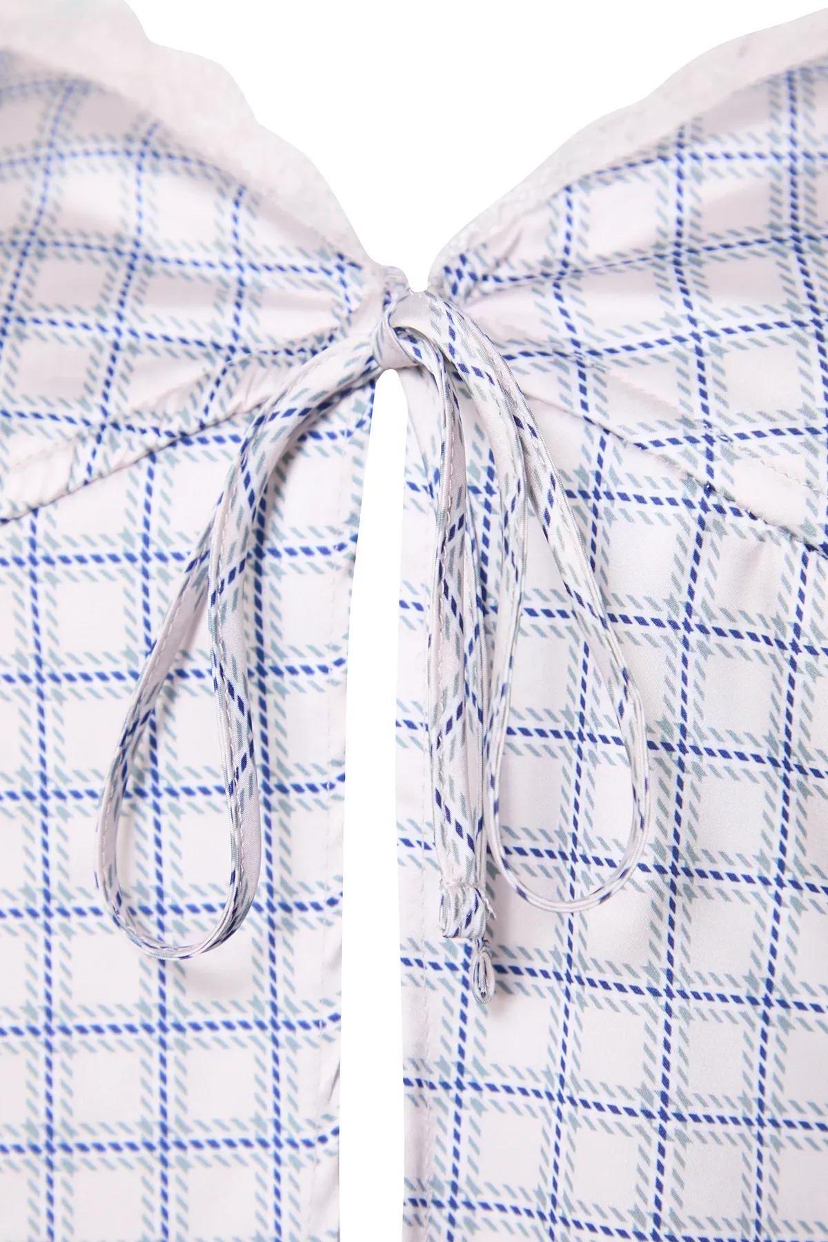 Blue Plaid Satin Crop Blouse, , large image number 5
