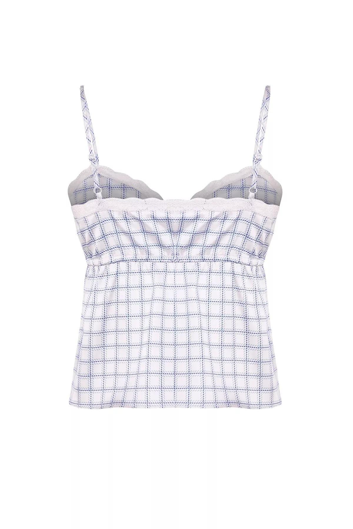 Blue Plaid Satin Crop Blouse, , large image number 6