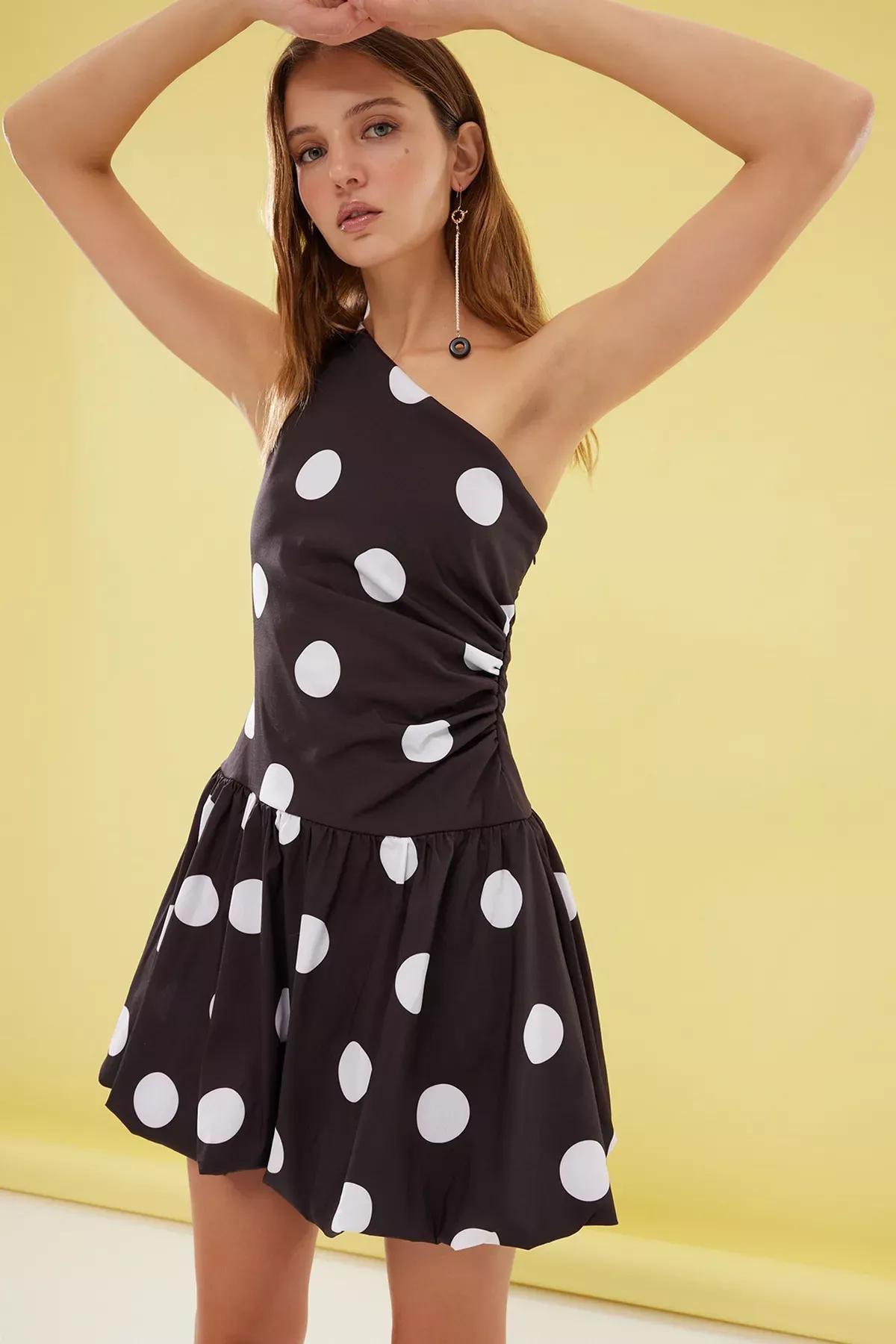 Black Polka Dot Poplin Occasionwear Dress, , large image number 0