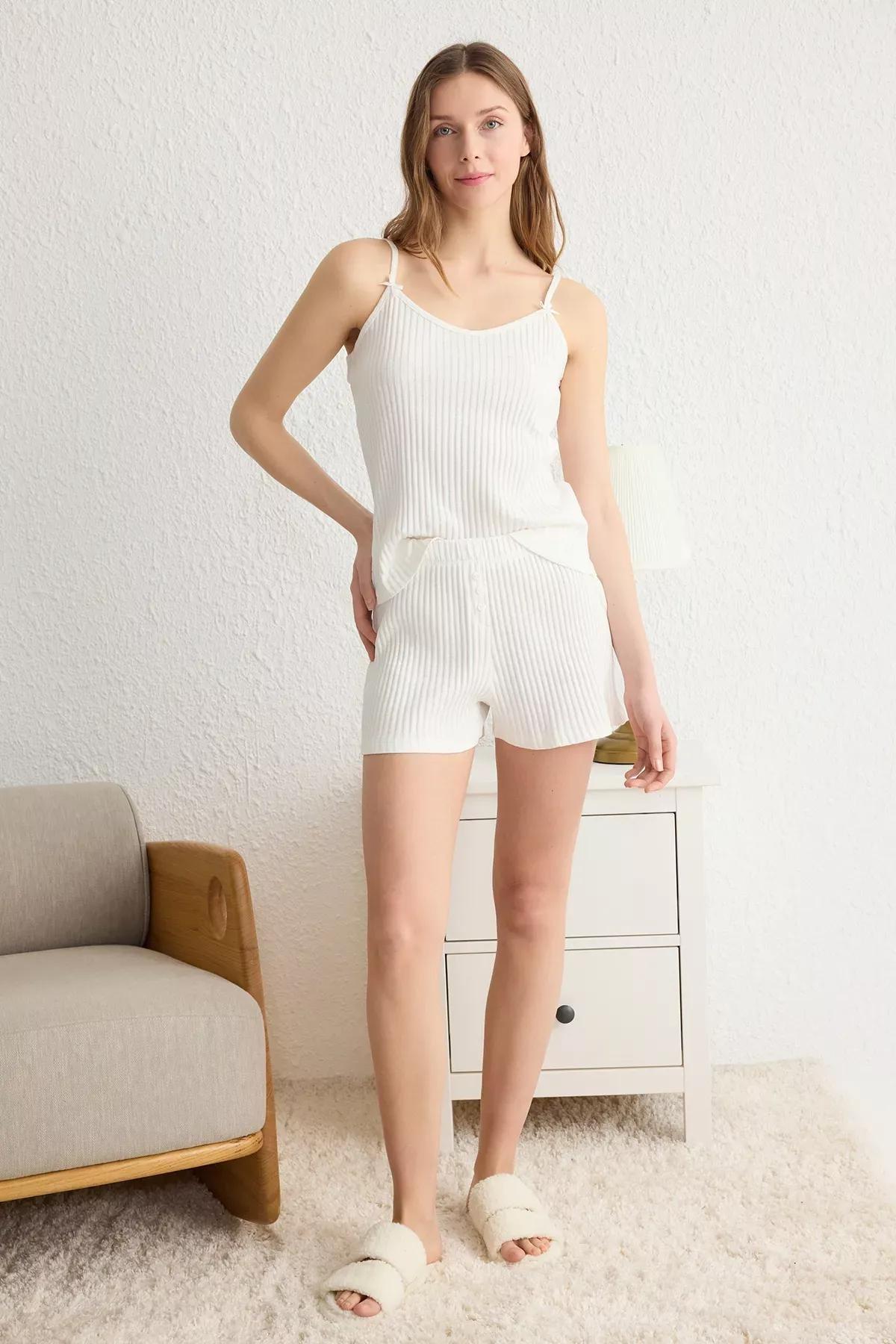White Striped Ribbon Bow Pajama Set with Ribbed Shorts, , large image number 0