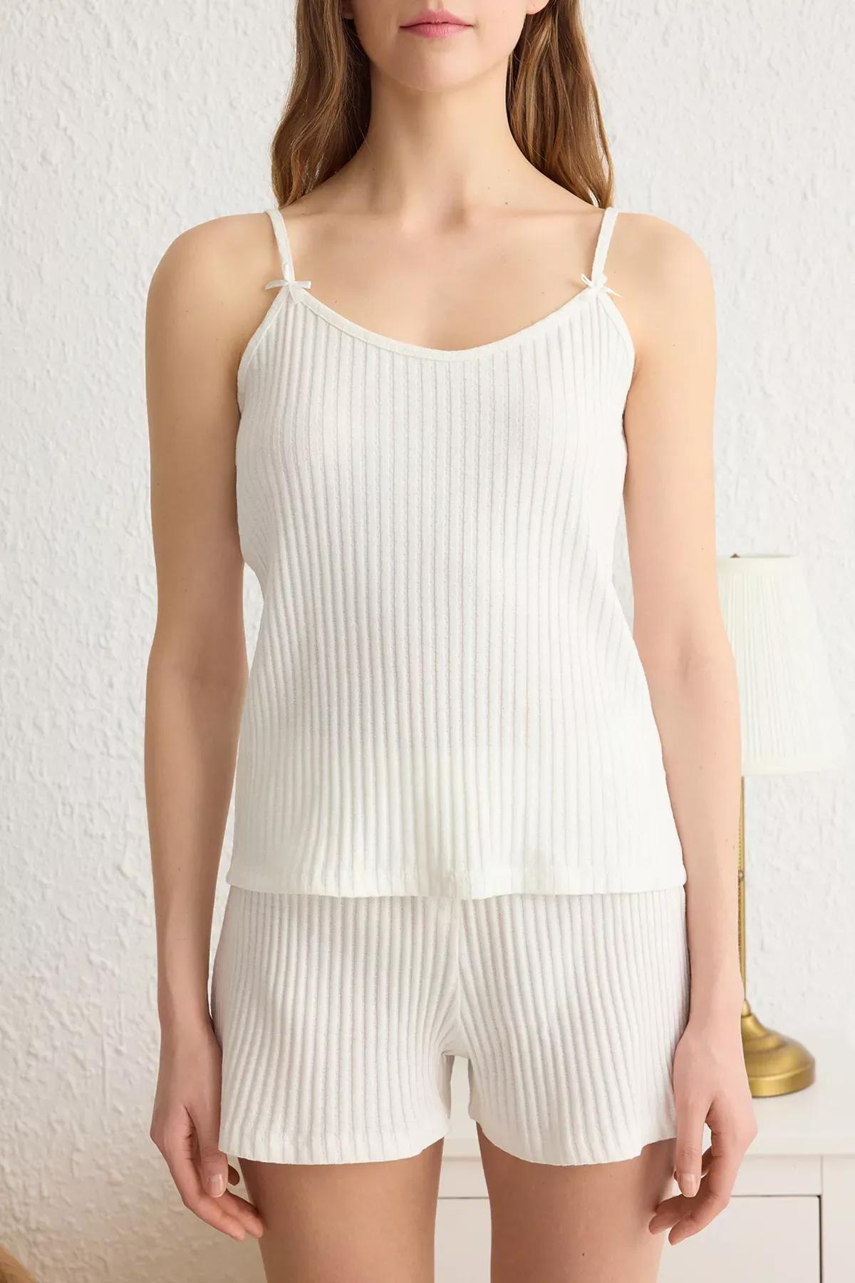 White Striped Ribbon Bow Pajama Set with Ribbed Shorts, , large image number 2