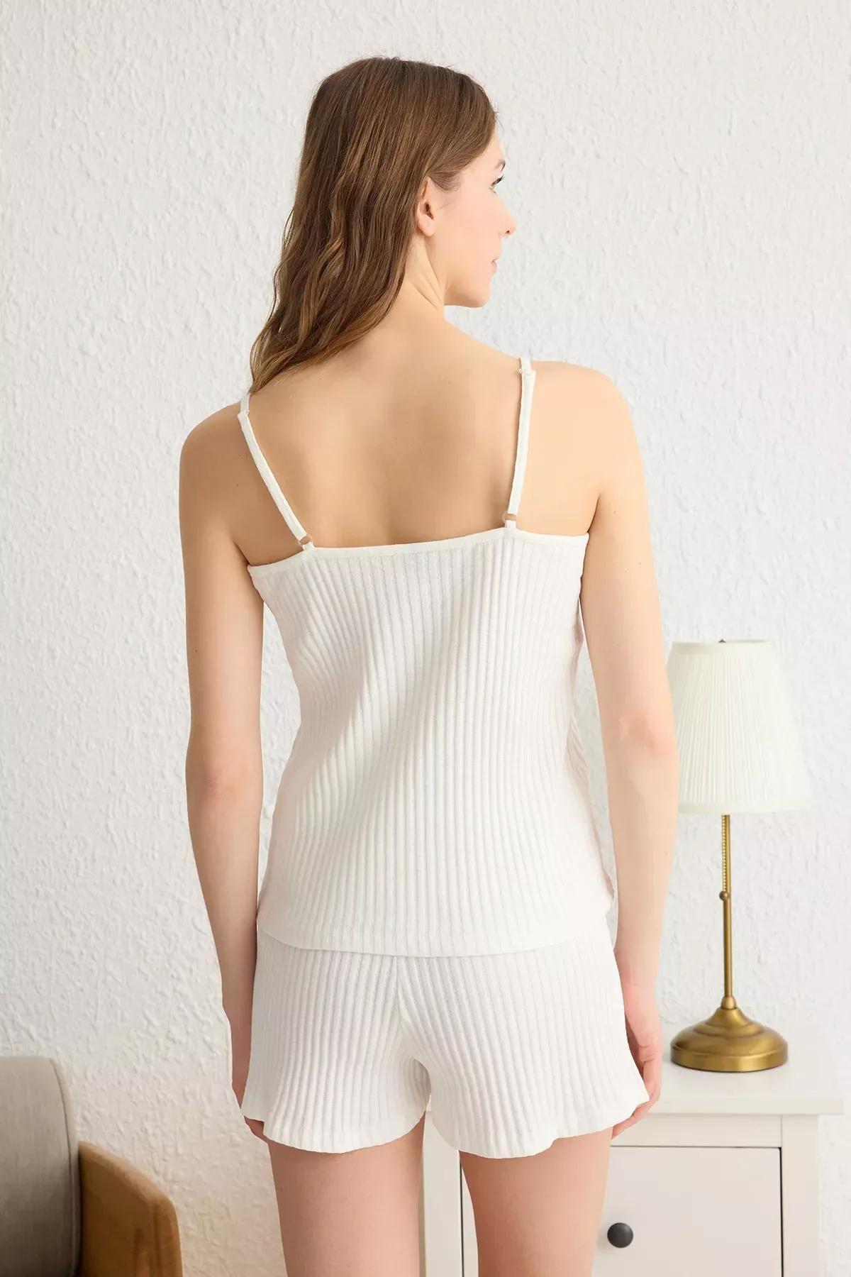 White Striped Ribbon Bow Pajama Set with Ribbed Shorts, , large image number 4
