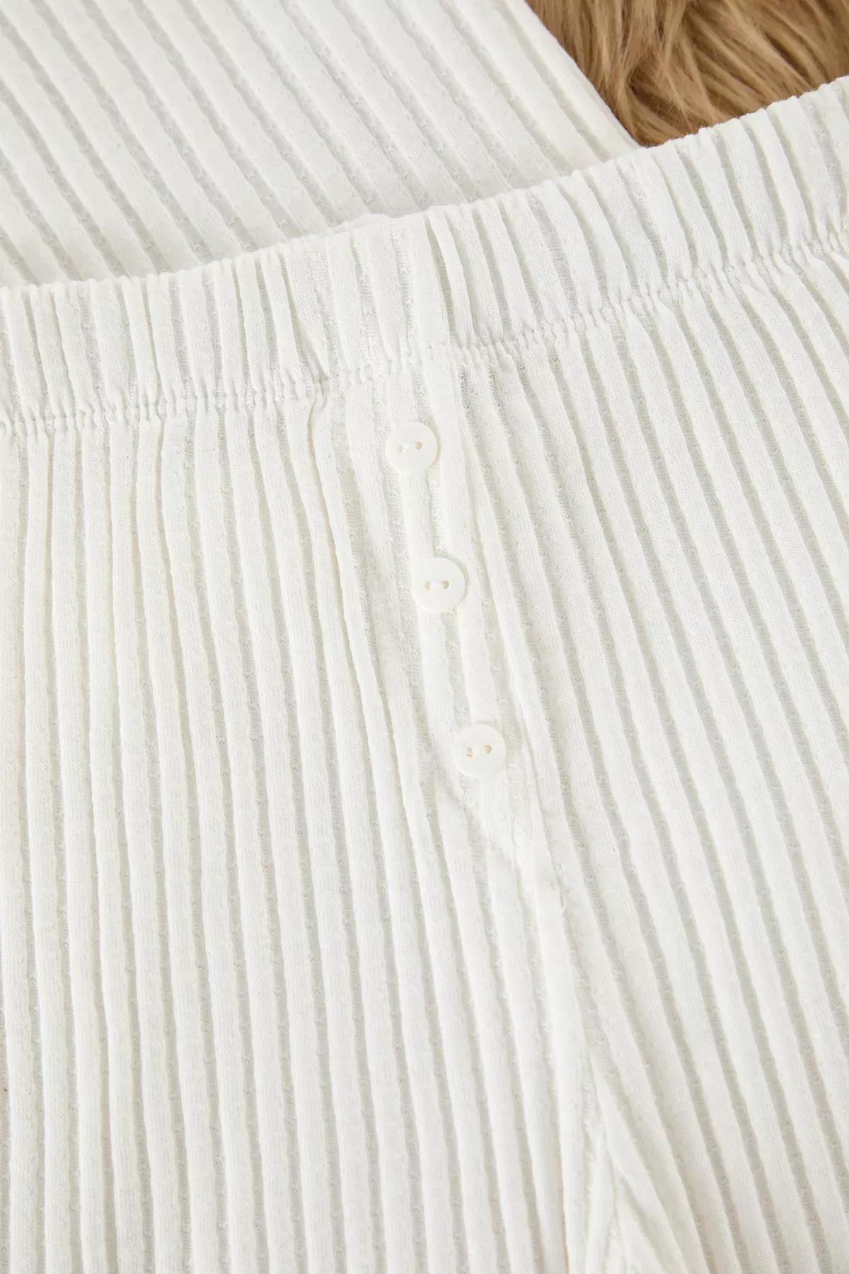White Striped Ribbon Bow Pajama Set with Ribbed Shorts, , large image number 5