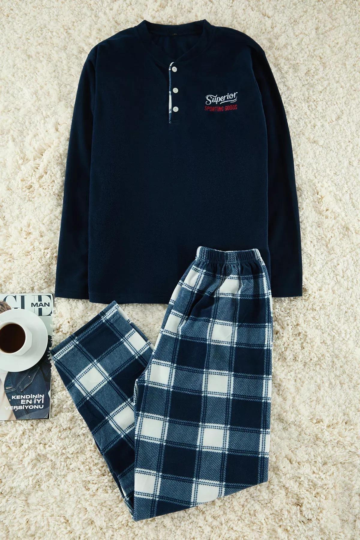 Navy Plaid Polar Soft Pajama Set, Navy blue, large image number 0