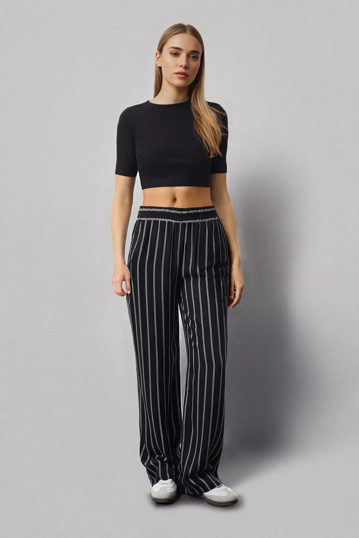 Black Wide Leg Striped Trousers, , large image number 0