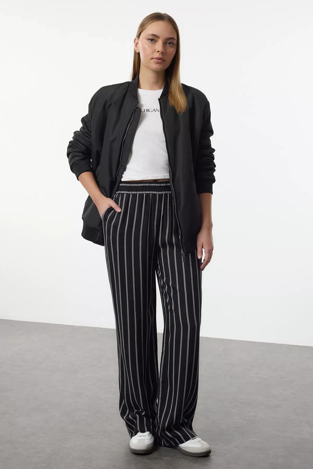 Black Wide Leg Striped Trousers, , large image number 1