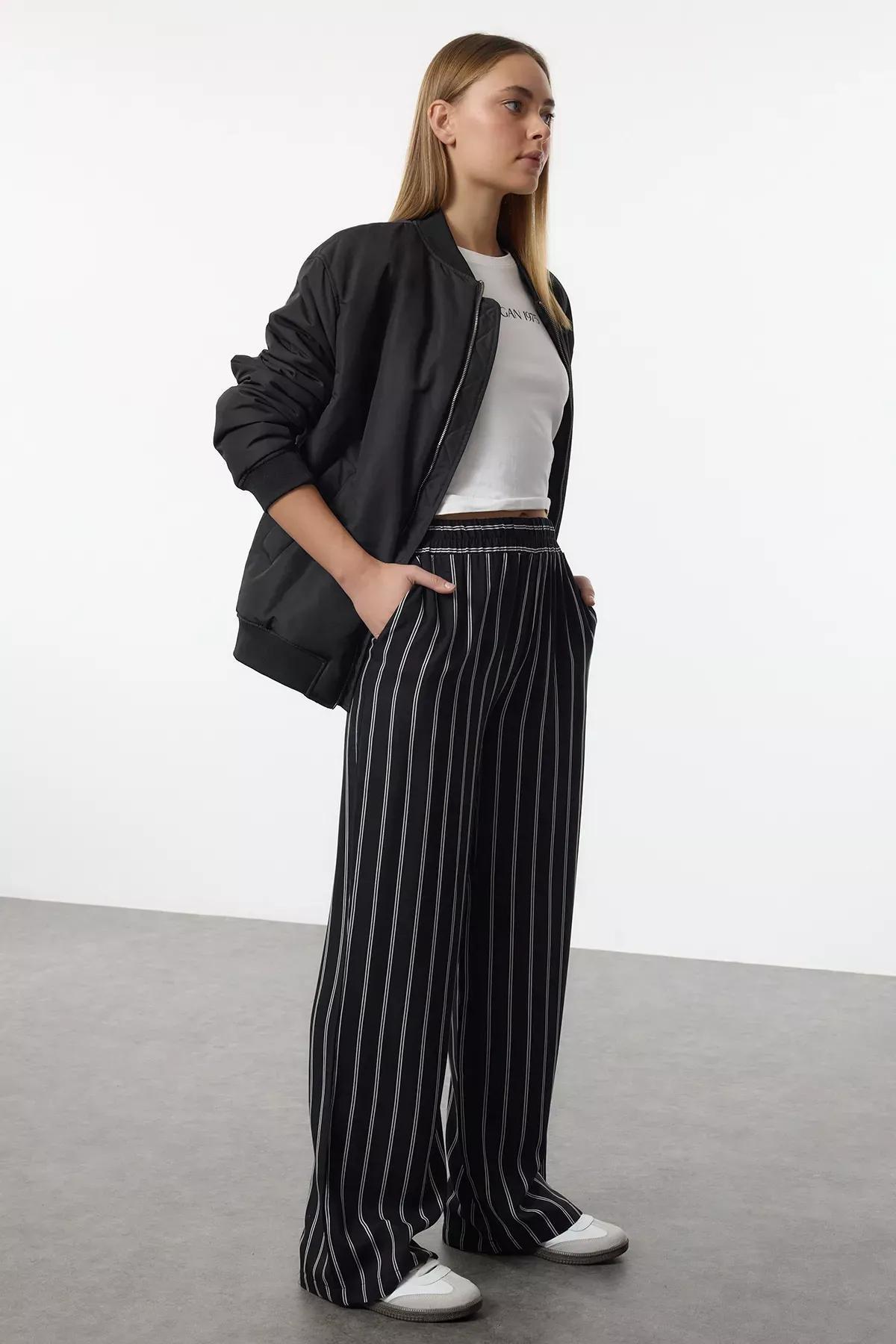 Black Wide Leg Striped Trousers, , large image number 2