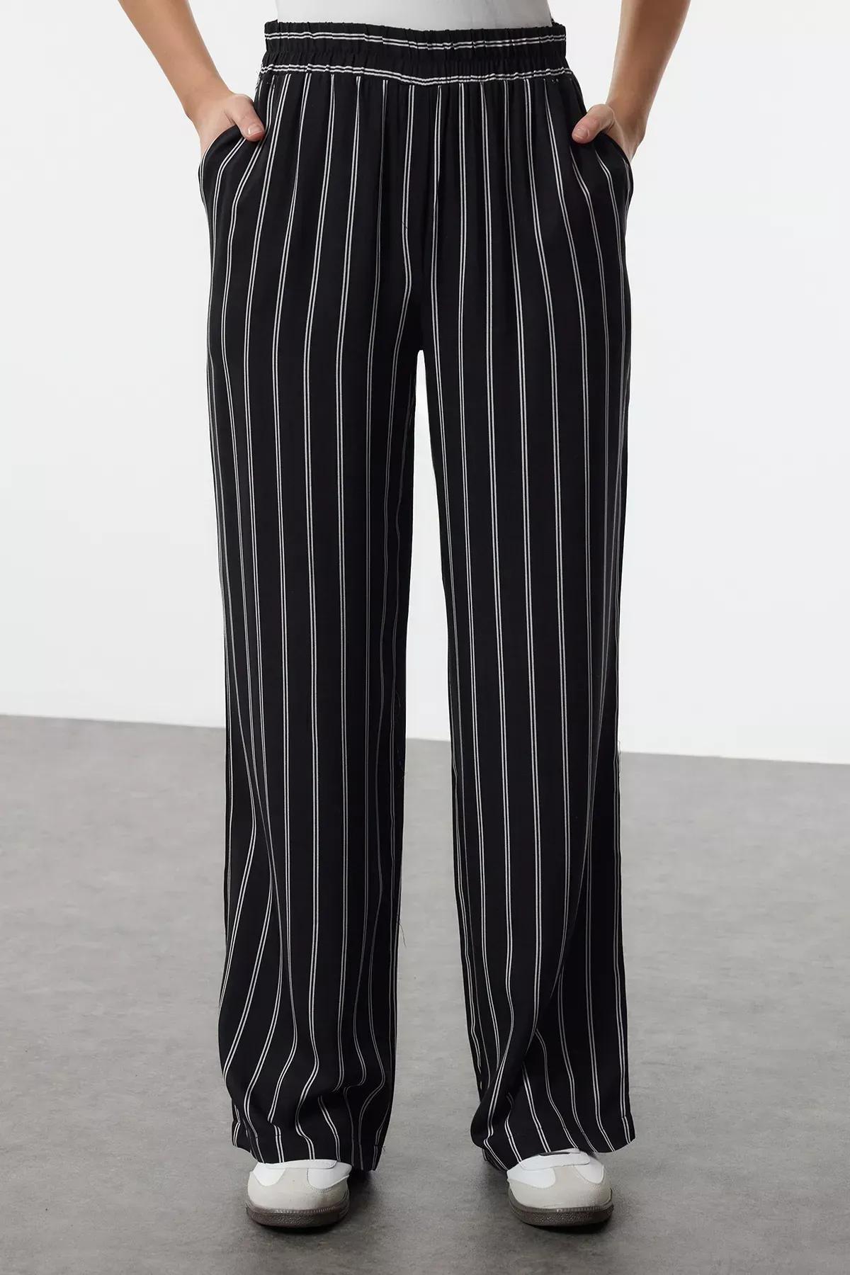 Black Wide Leg Striped Trousers, , large image number 4