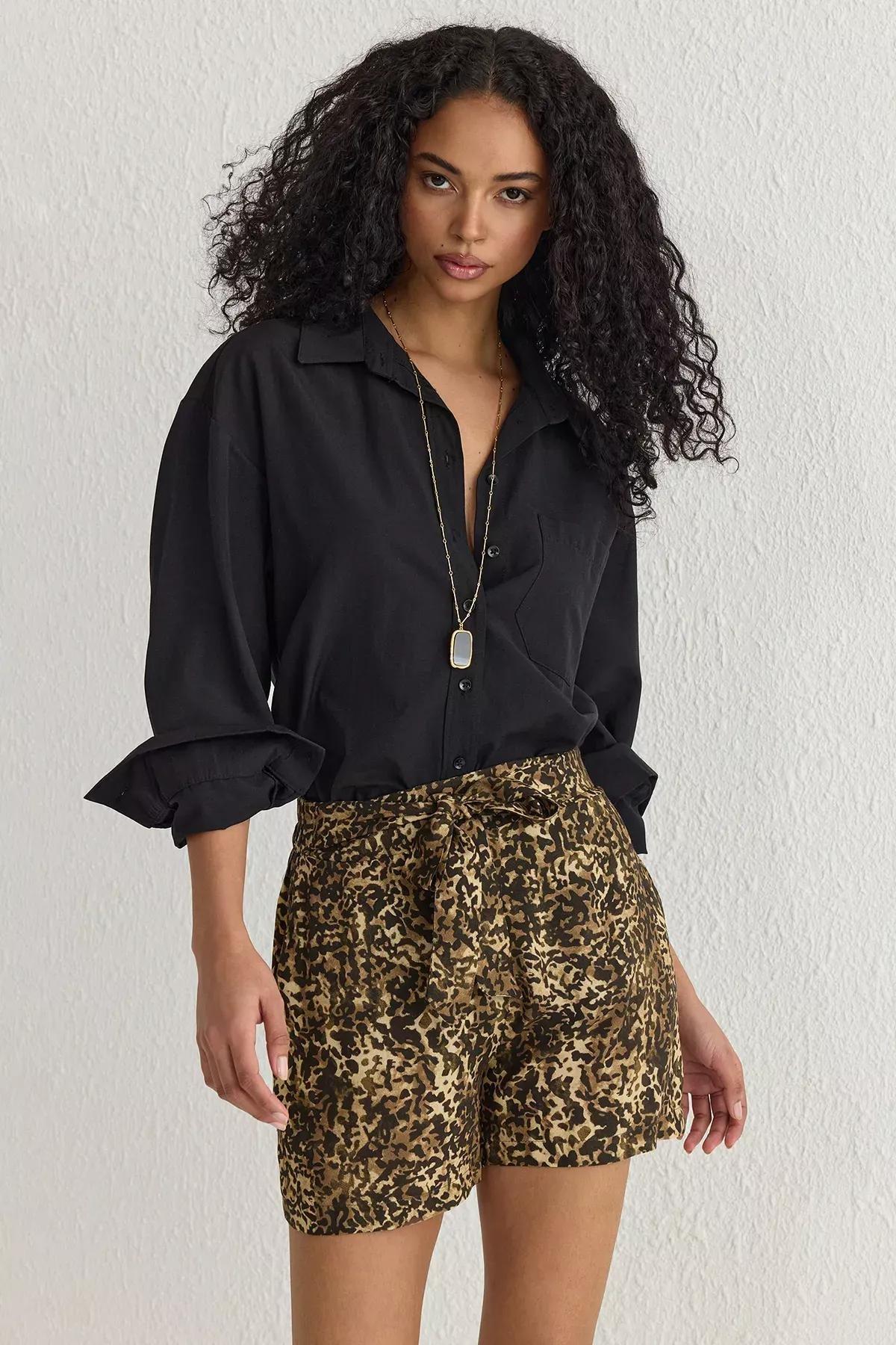 Brown Belted Leopard Shorts, , large image number 1