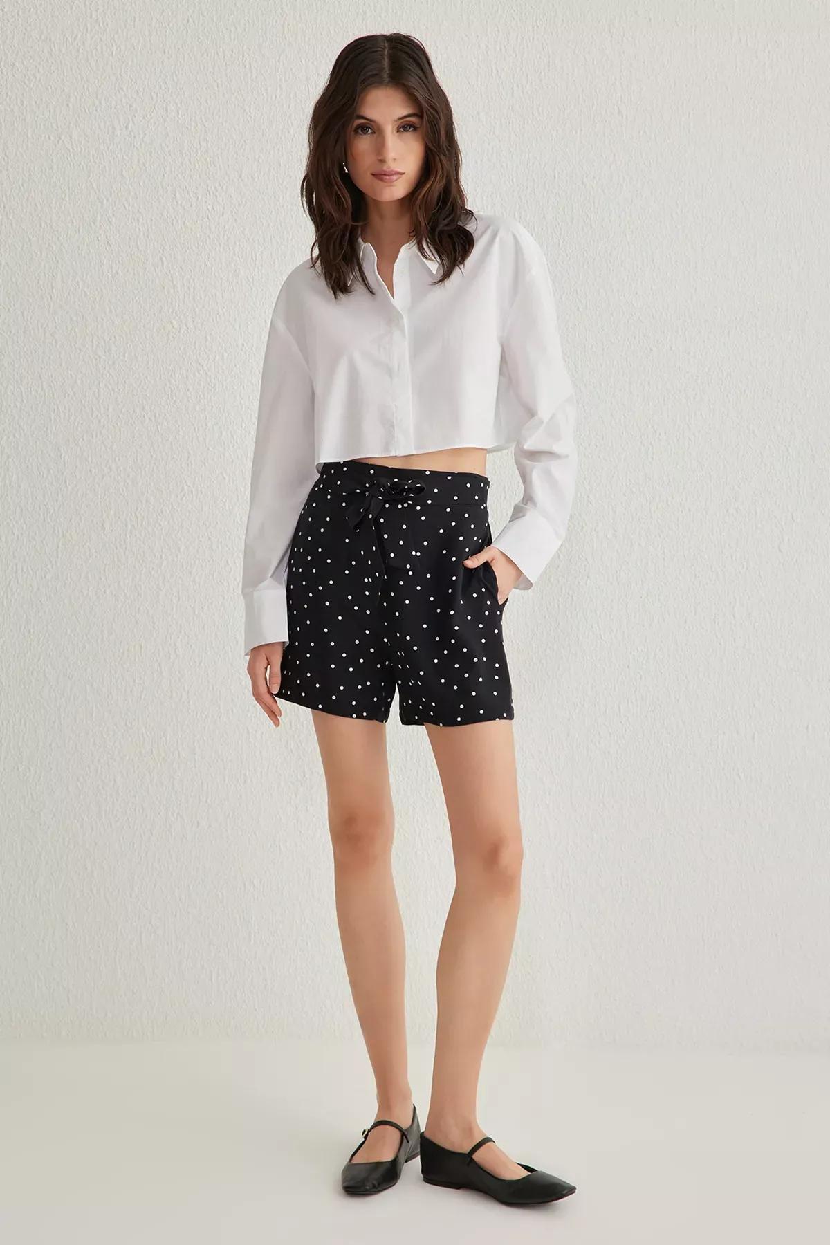 Black Polka Dot Belted Shorts, , large image number 0