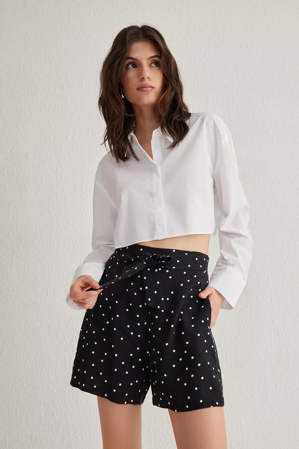 Black Polka Dot Belted Shorts, , large image number 1
