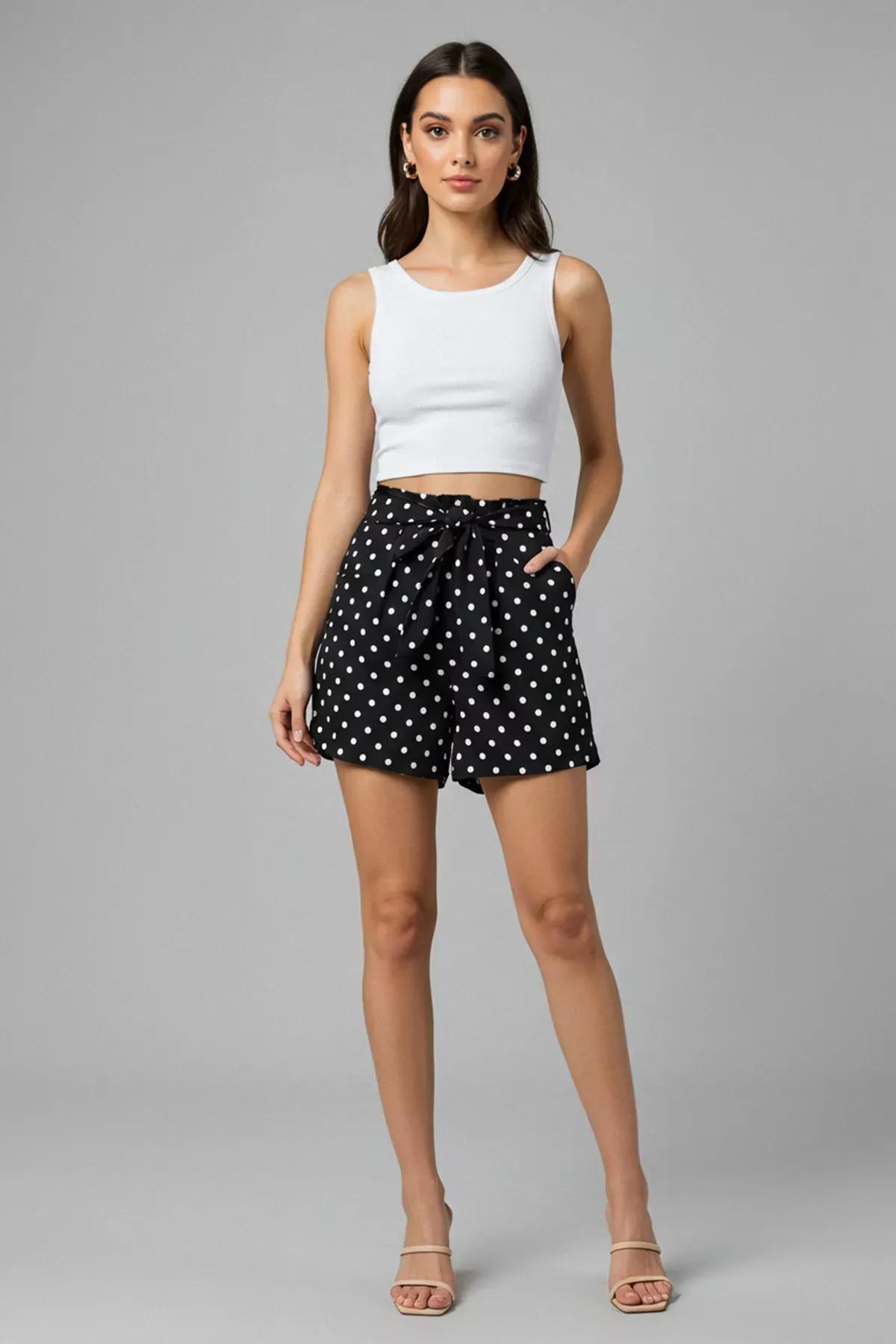 Black Polka Dot Belted Shorts, , large image number 7