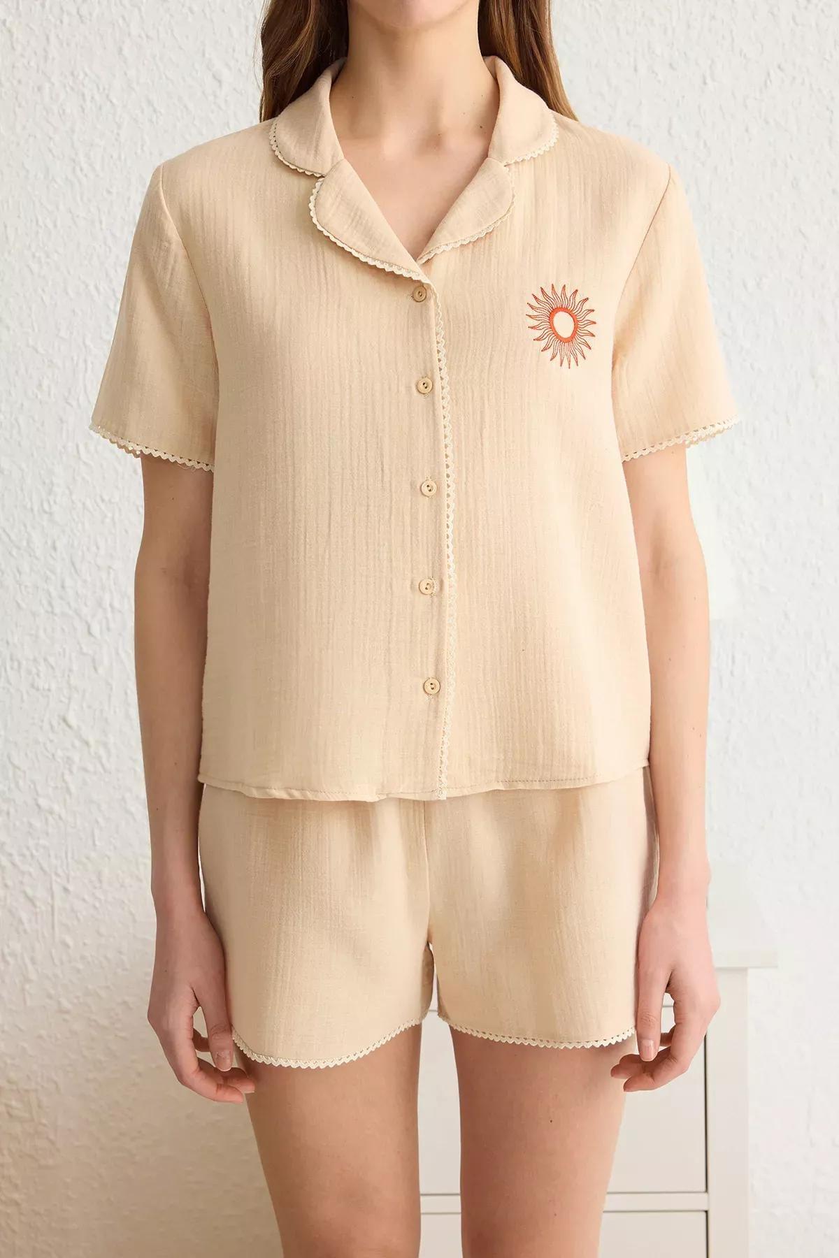 Beige Lace Pajama Set with Shorts, , large image number 2