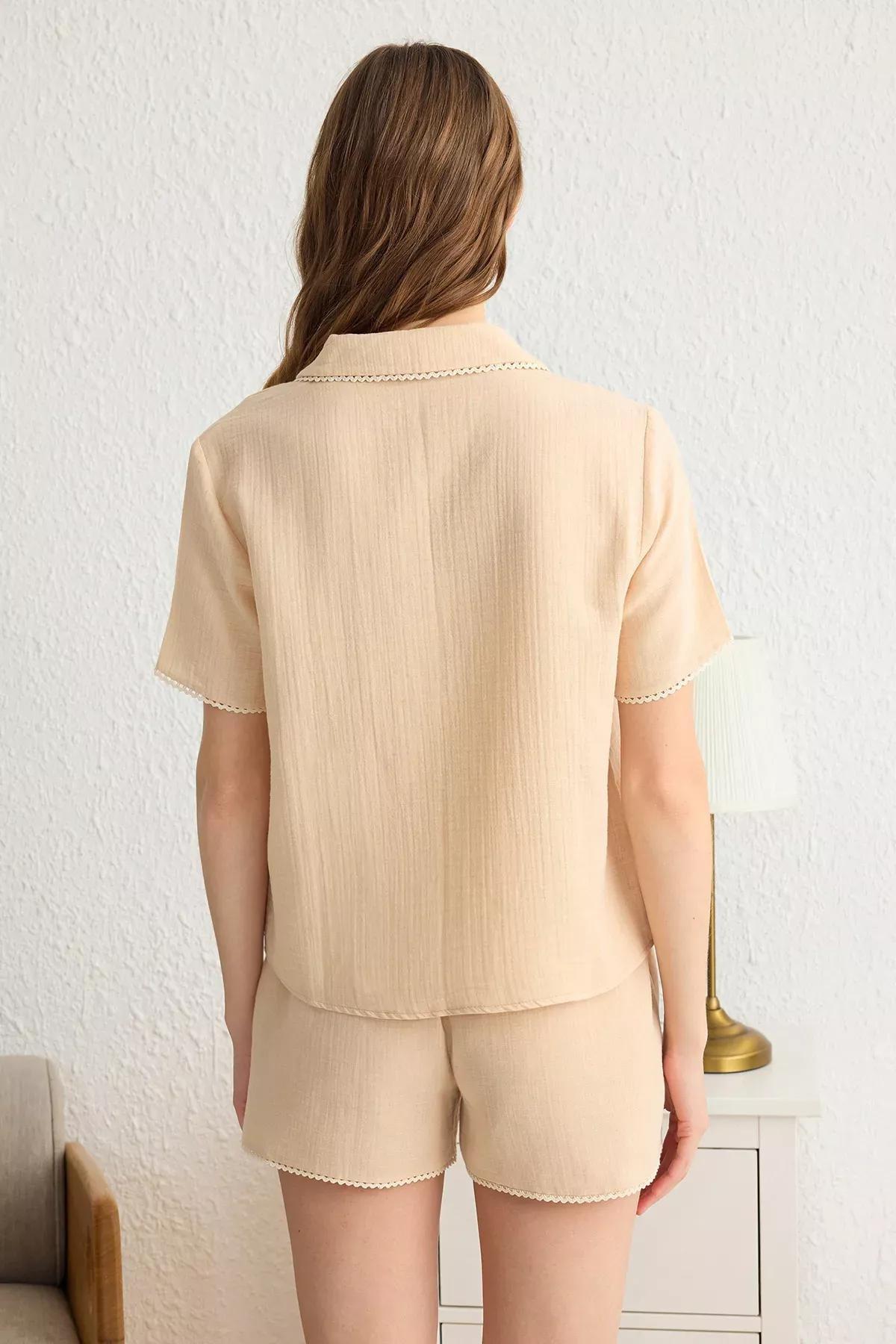 Beige Lace Pajama Set with Shorts, , large image number 4