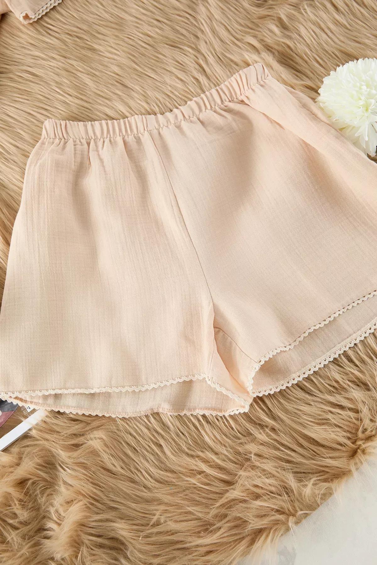 Beige Lace Pajama Set with Shorts, , large image number 6