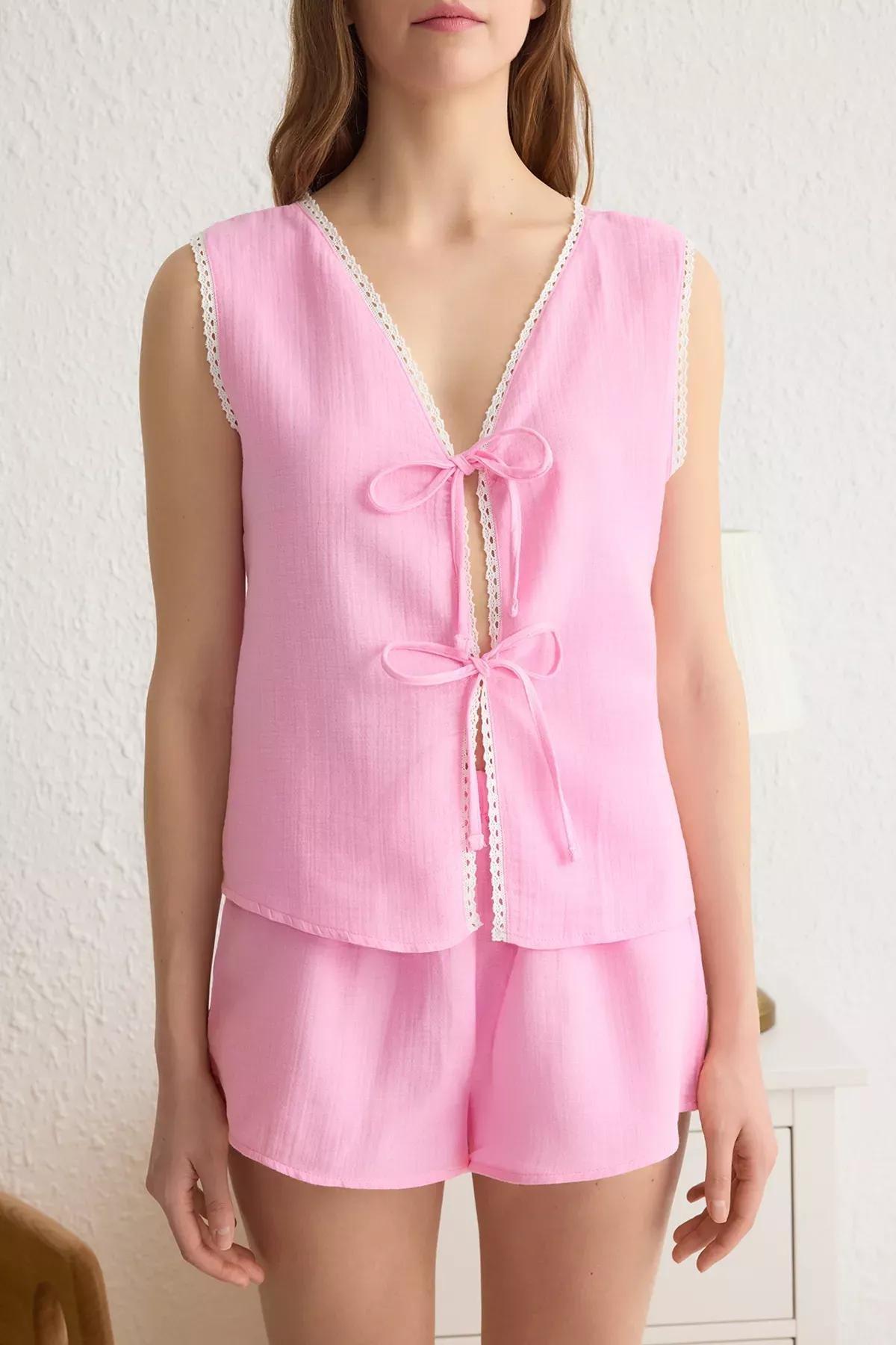 Pink Lace Tie Bow Muslin Pajama Set, C101_7329, large image number 2