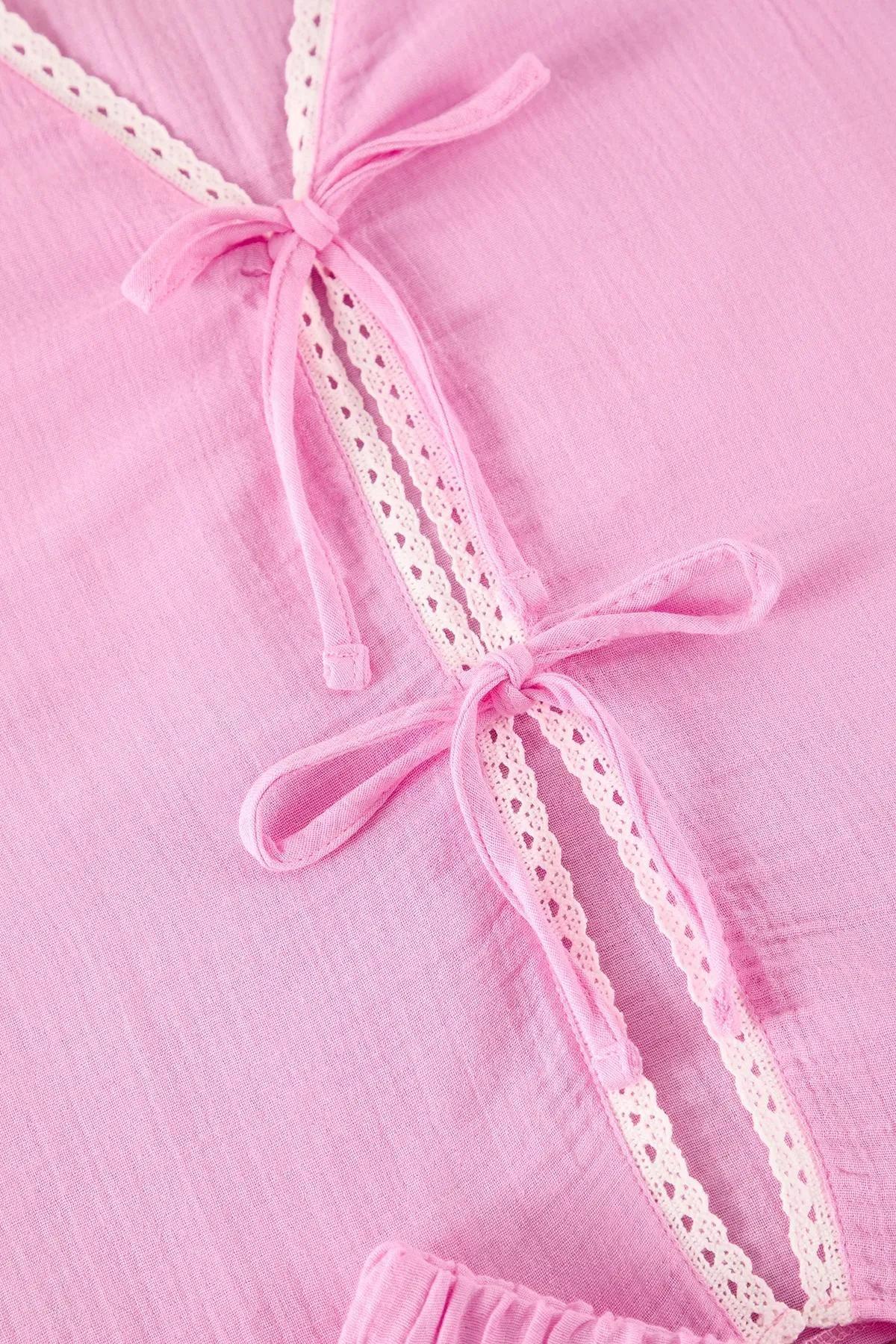 Pink Lace Tie Bow Muslin Pajama Set, C101_7329, large image number 5