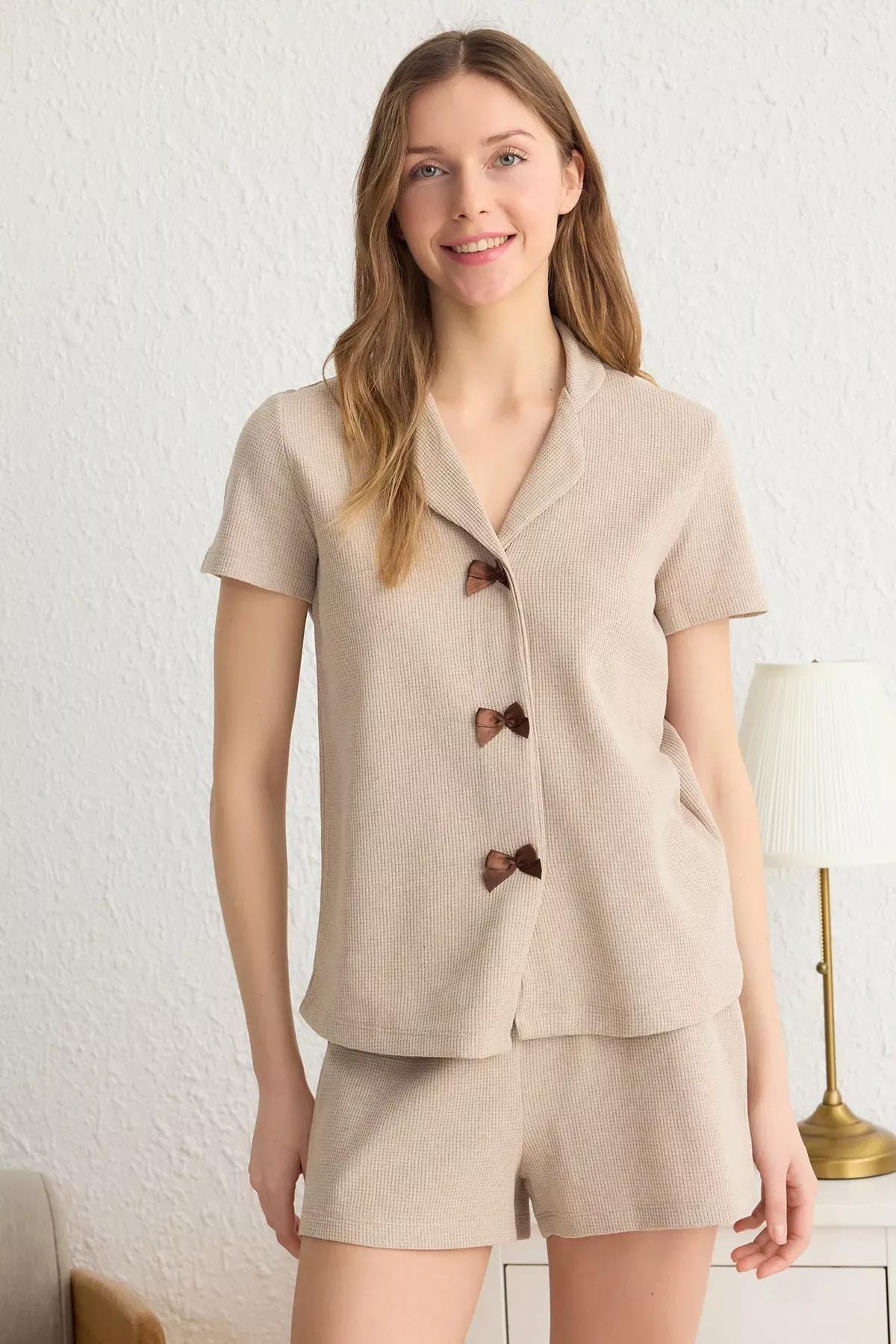 Beige Ribbon Waffle Pajama Set, , large image number 1