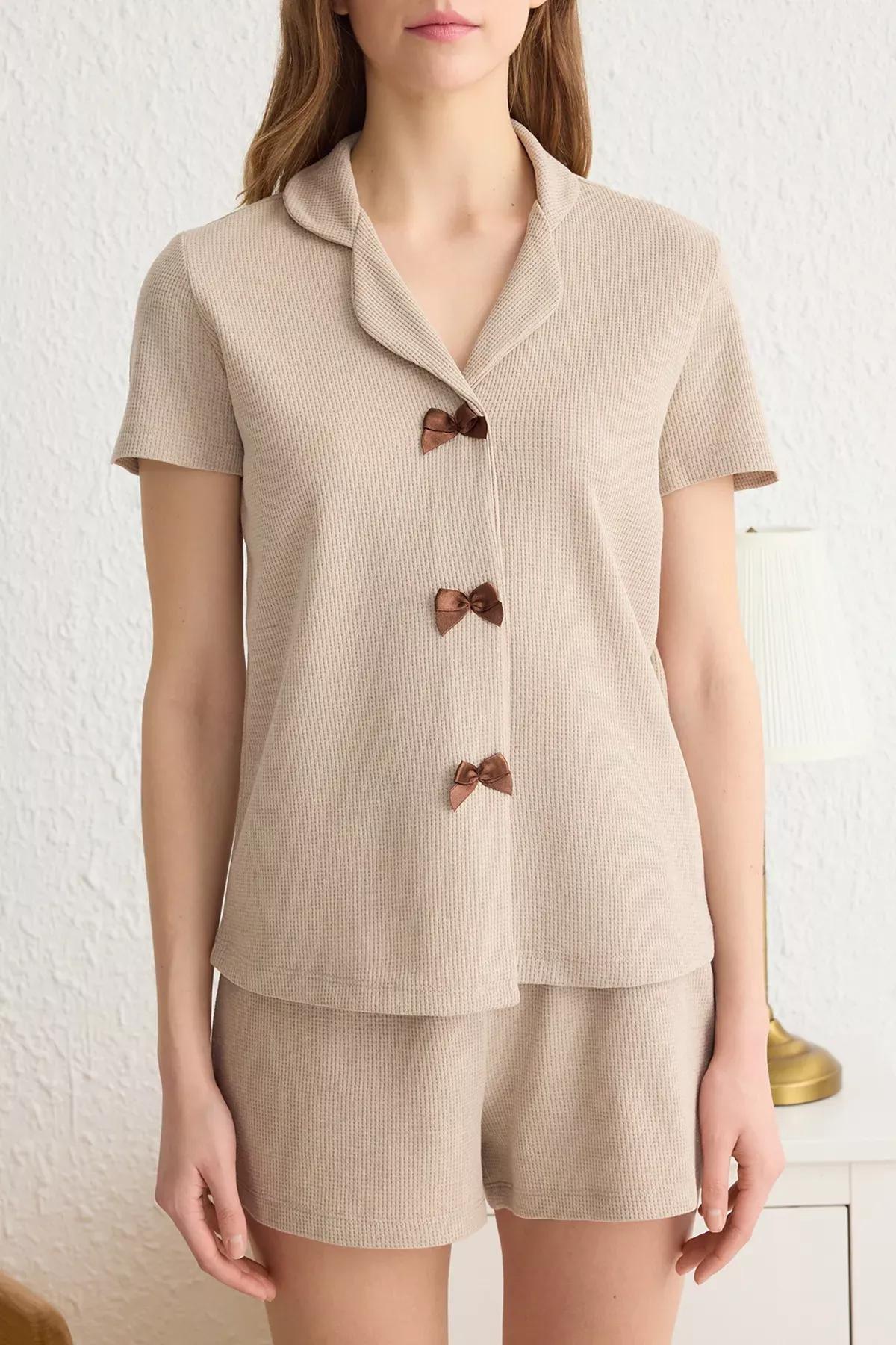 Beige Ribbon Waffle Pajama Set, , large image number 2