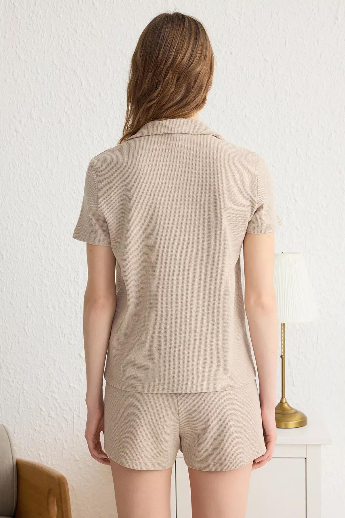 Beige Ribbon Waffle Pajama Set, , large image number 4