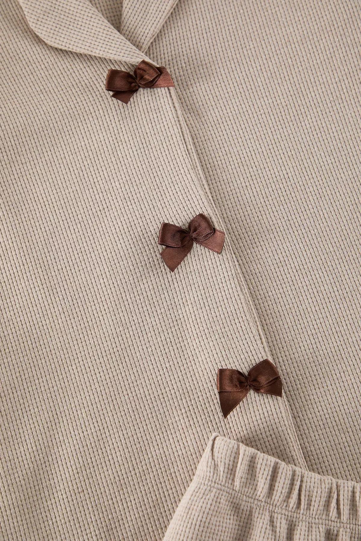 Beige Ribbon Waffle Pajama Set, , large image number 5