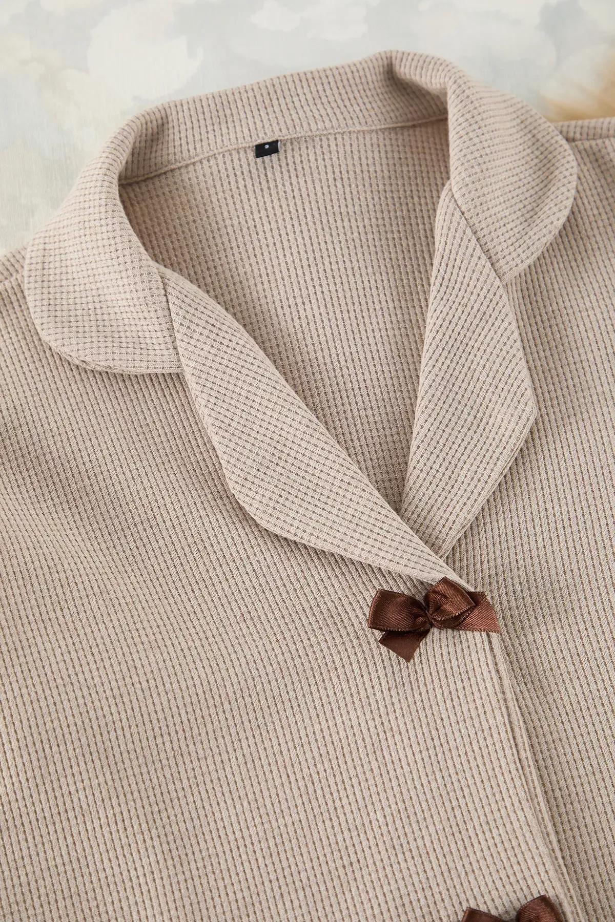 Beige Ribbon Waffle Pajama Set, , large image number 6