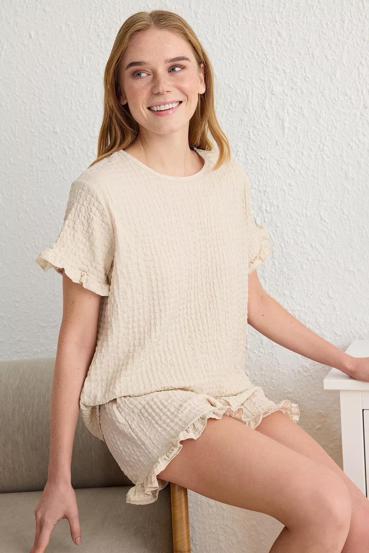 Beige Ruffled Wrap Pajama Set, , large image number 0