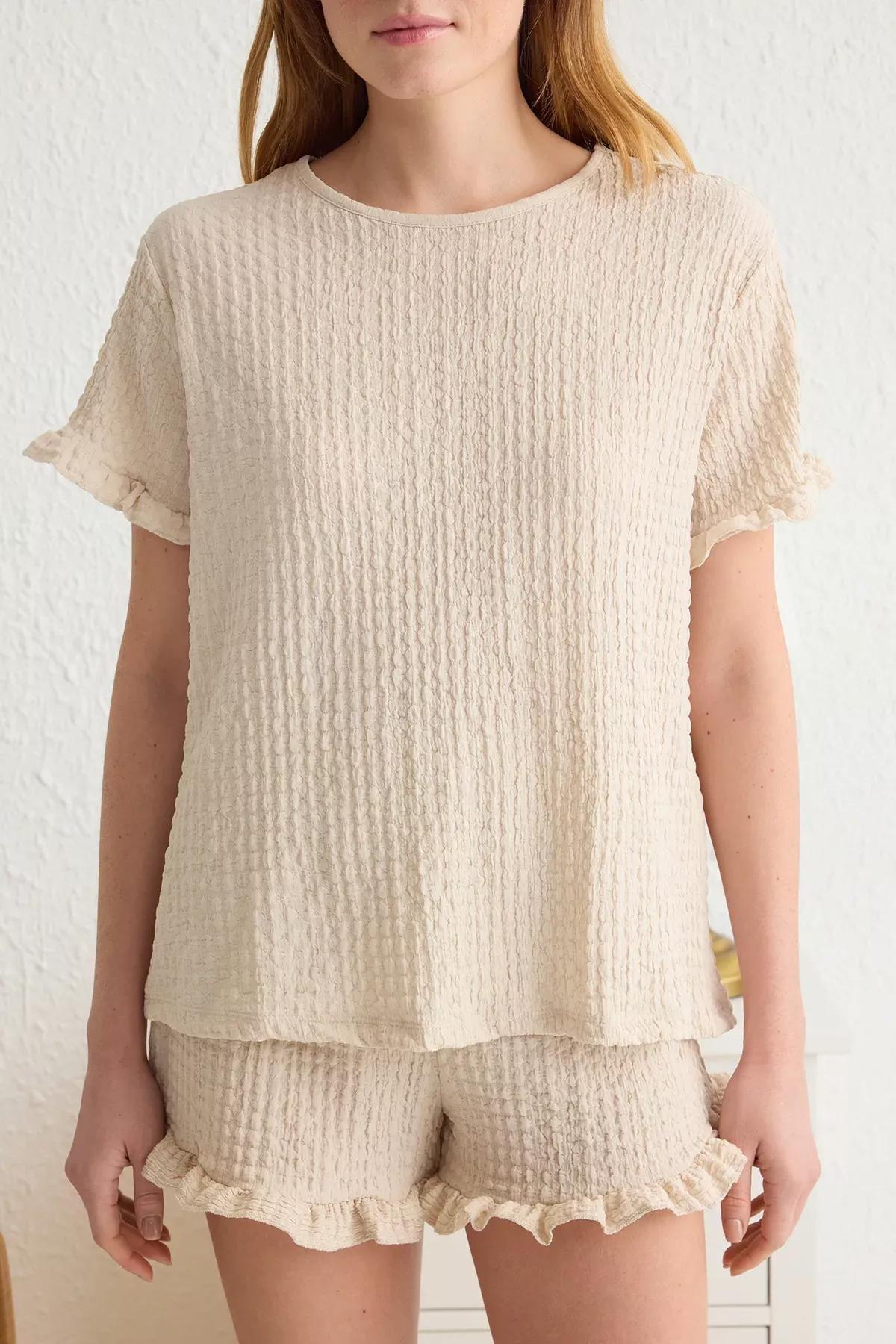 Beige Ruffled Wrap Pajama Set, , large image number 2
