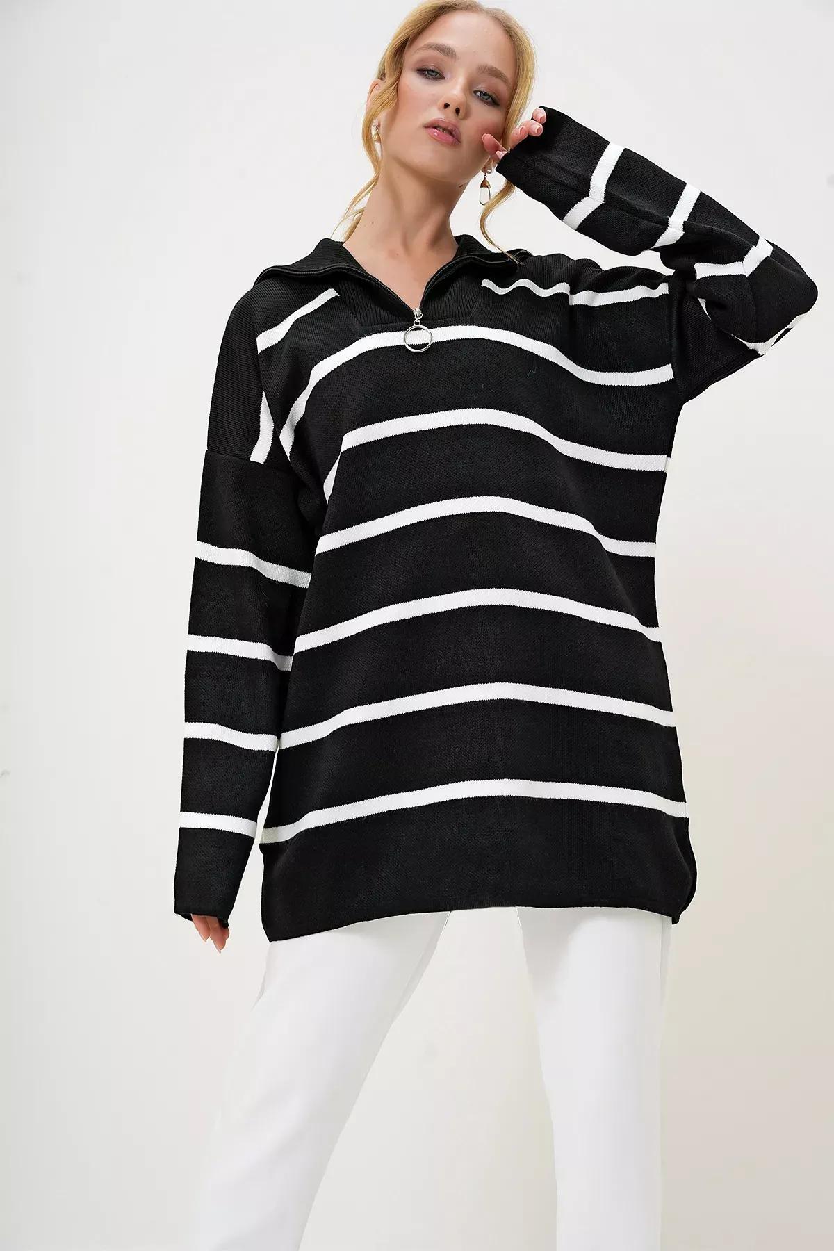 Womens Black Turtleneck Zipper Detailed Striped Knit Tunic ALC-X12985, single, BLACK, large image number 0