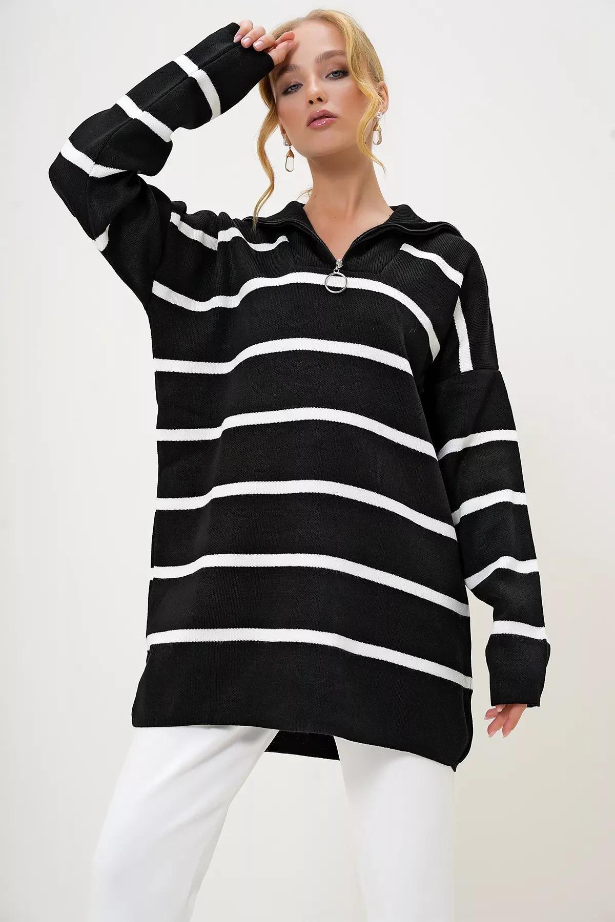 Womens Black Turtleneck Zipper Detailed Striped Knit Tunic ALC-X12985, single, BLACK, large image number 1