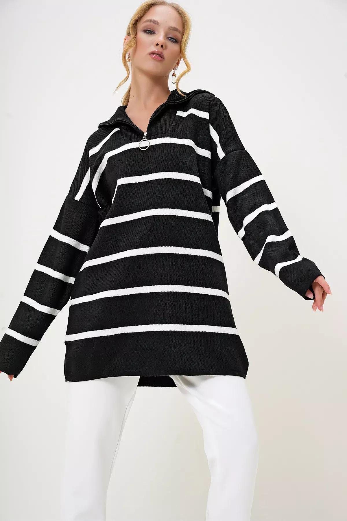 Womens Black Turtleneck Zipper Detailed Striped Knit Tunic ALC-X12985, single, BLACK, large image number 2