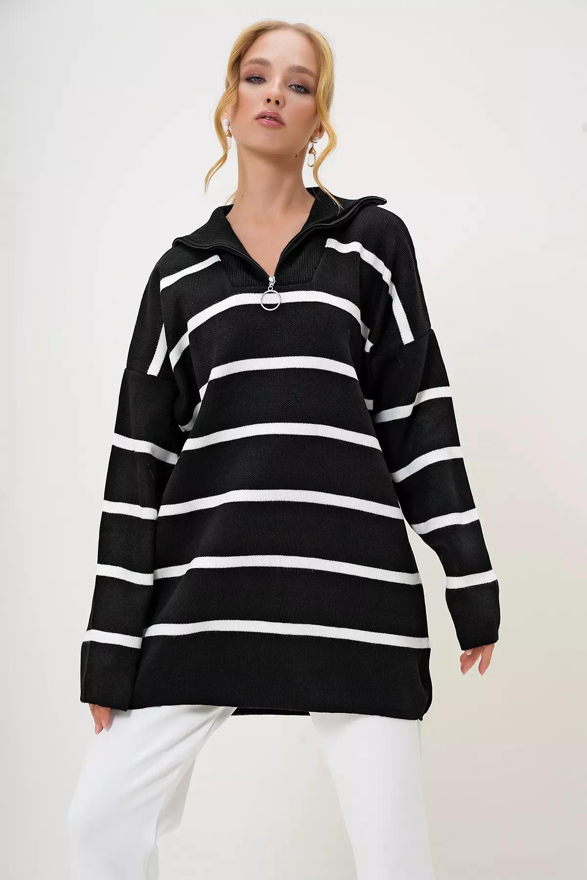 Womens Black Turtleneck Zipper Detailed Striped Knit Tunic ALC-X12985, single, BLACK, large image number 3