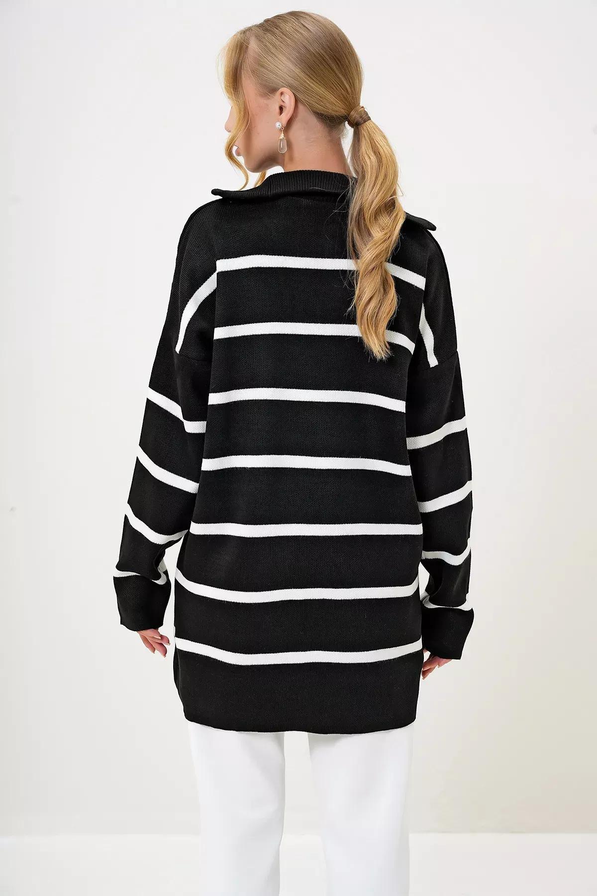 Womens Black Turtleneck Zipper Detailed Striped Knit Tunic ALC-X12985, single, BLACK, large image number 4